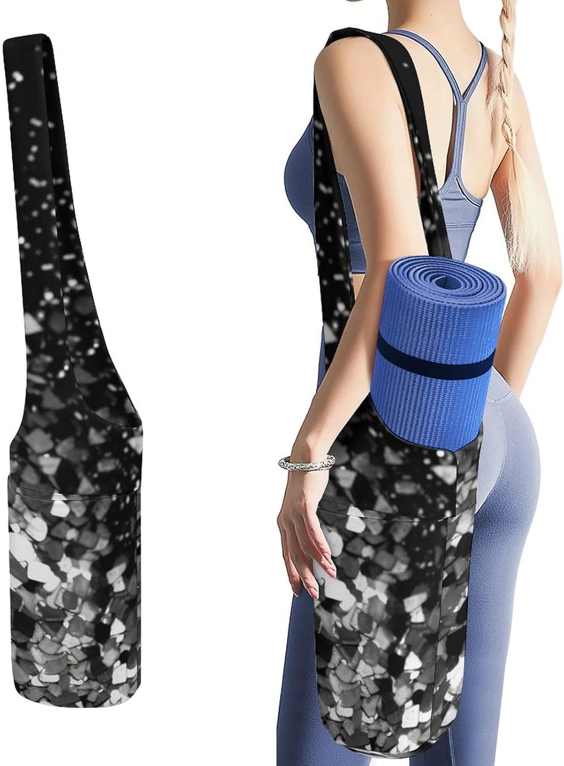 Canvas Yoga Bag,Black White Glitter Printed Yoga Mat Handbag,Portable Yoga Mat Bag Large Capacity Gym Bag for Men Women Pilates Beach Travel