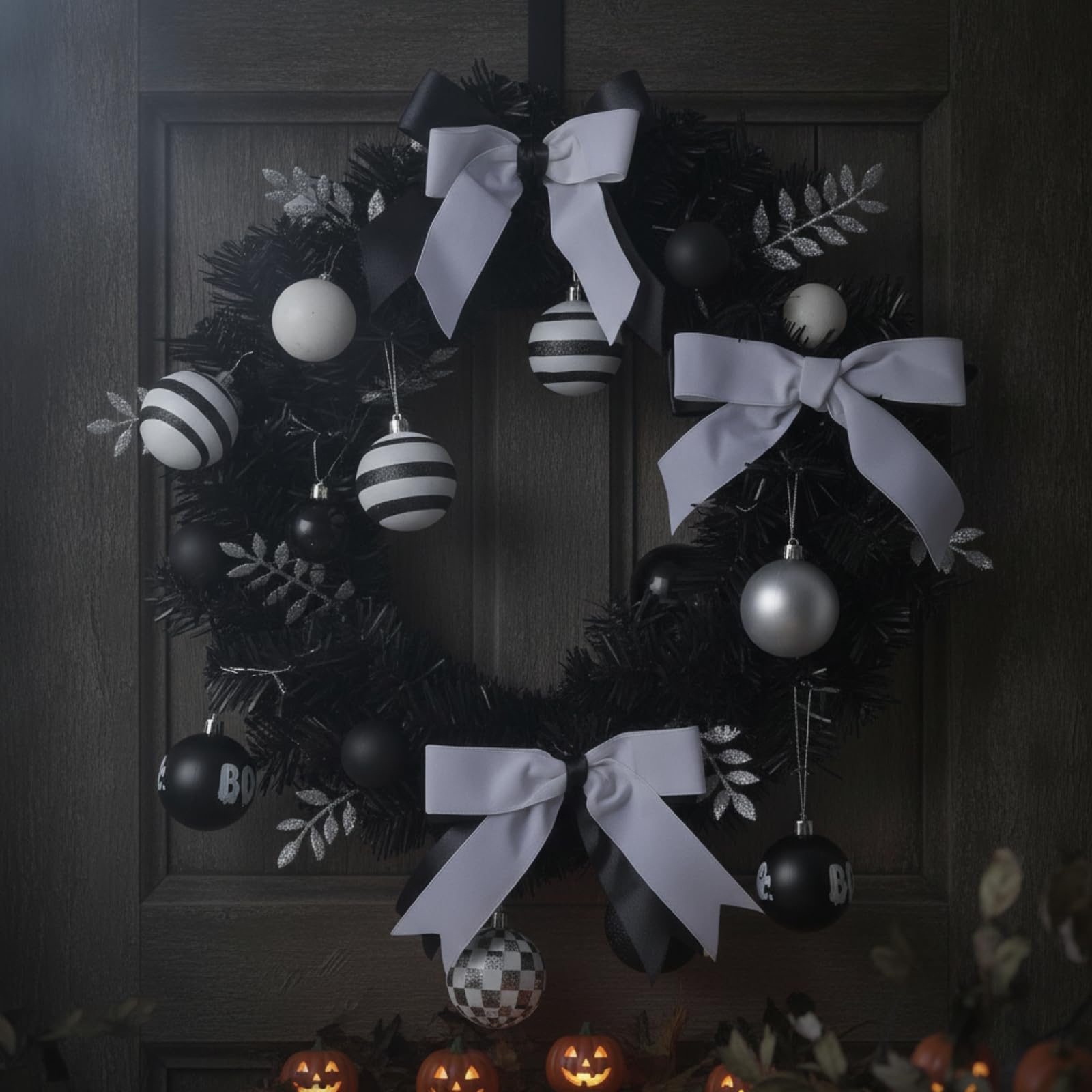 Festlicher Türkranz Weihnachtskranz Dekokranz Adventskranz mit Kugeln aus Und Stoff Schwarze Tanne mit Weißem Kontrast Und Schleifenband für Vordertür Wohnzimmer 50cm