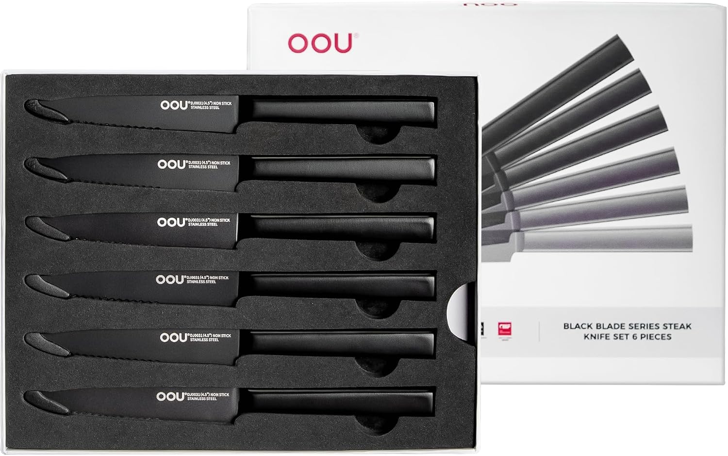 OOU Steak Knives Set of 6, 4.5" German High Carbon Stainless Steel Steak Knife Set, Serrated Steak Knives, Dishwasher Safe & Rust-Resistant Kitchen Knife Sets