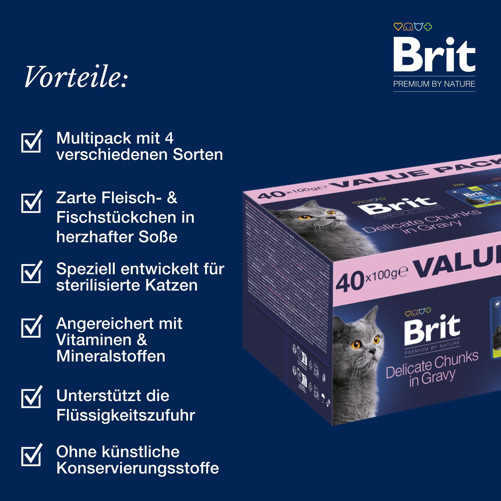 Brit Premium Nassfutter für Katzen, Sparpaket, 4 Sorten, 40 x 100 g | Cremige Textur, gut verträglich, in Dosen, angereichert mit Nährstoffen, 4 Sorten, mit Fisch & Fleisch, Sparpaket