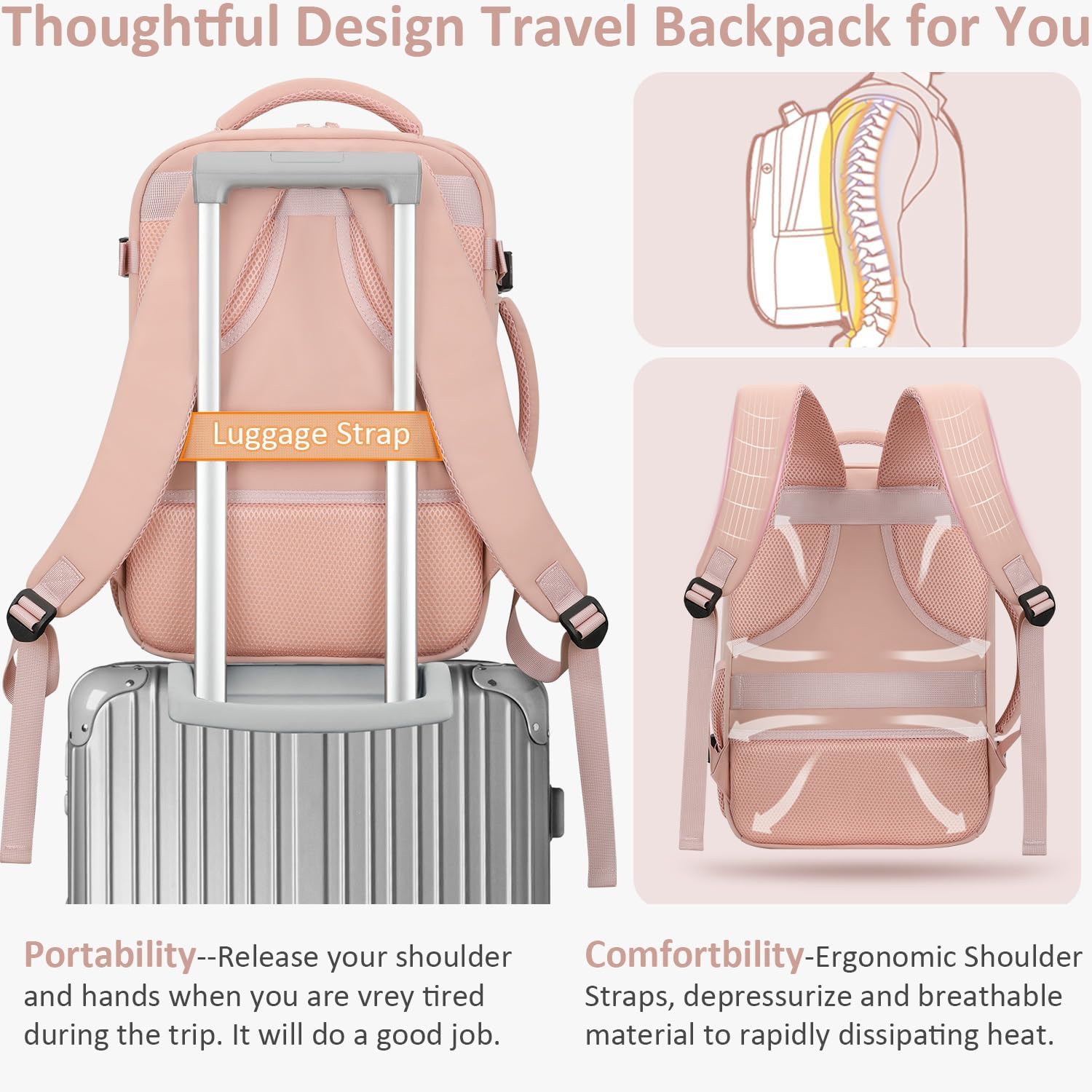 Carry on Backpack for Women TSA Approved 15.6 Inch Travel Laptop Backpack for Women Travel Essentials Womens Travel Backpack Suitcase Pink - Image 6