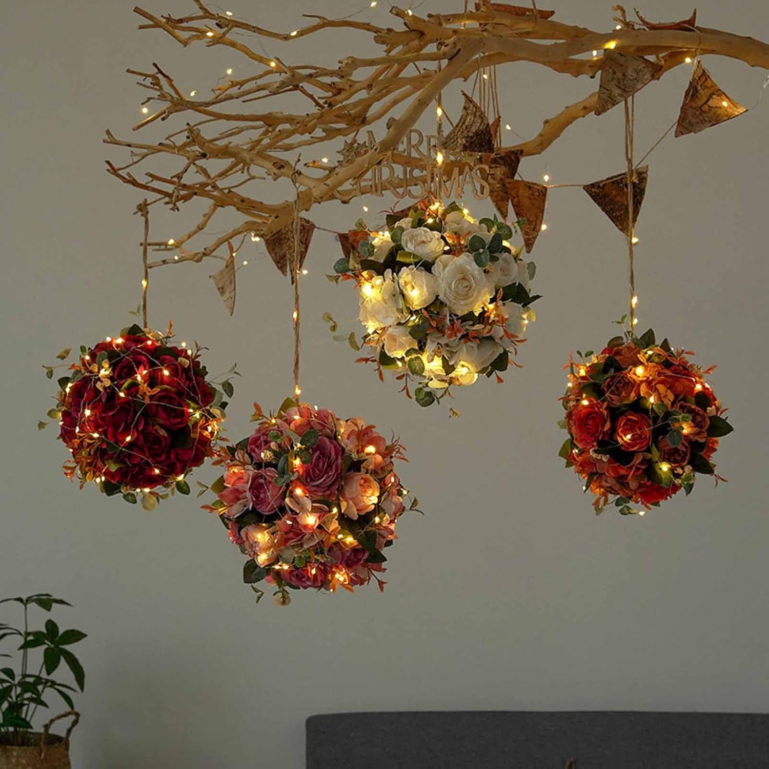 LAPUTA 7.87 Inch Wedding Decor Artificial Flower Bouquet Realistic Silk Flower Colorful Kissing Ball Hanging Flower Ball for Wedding Party Festival Garden Lawn Outdoor (Light Pink)