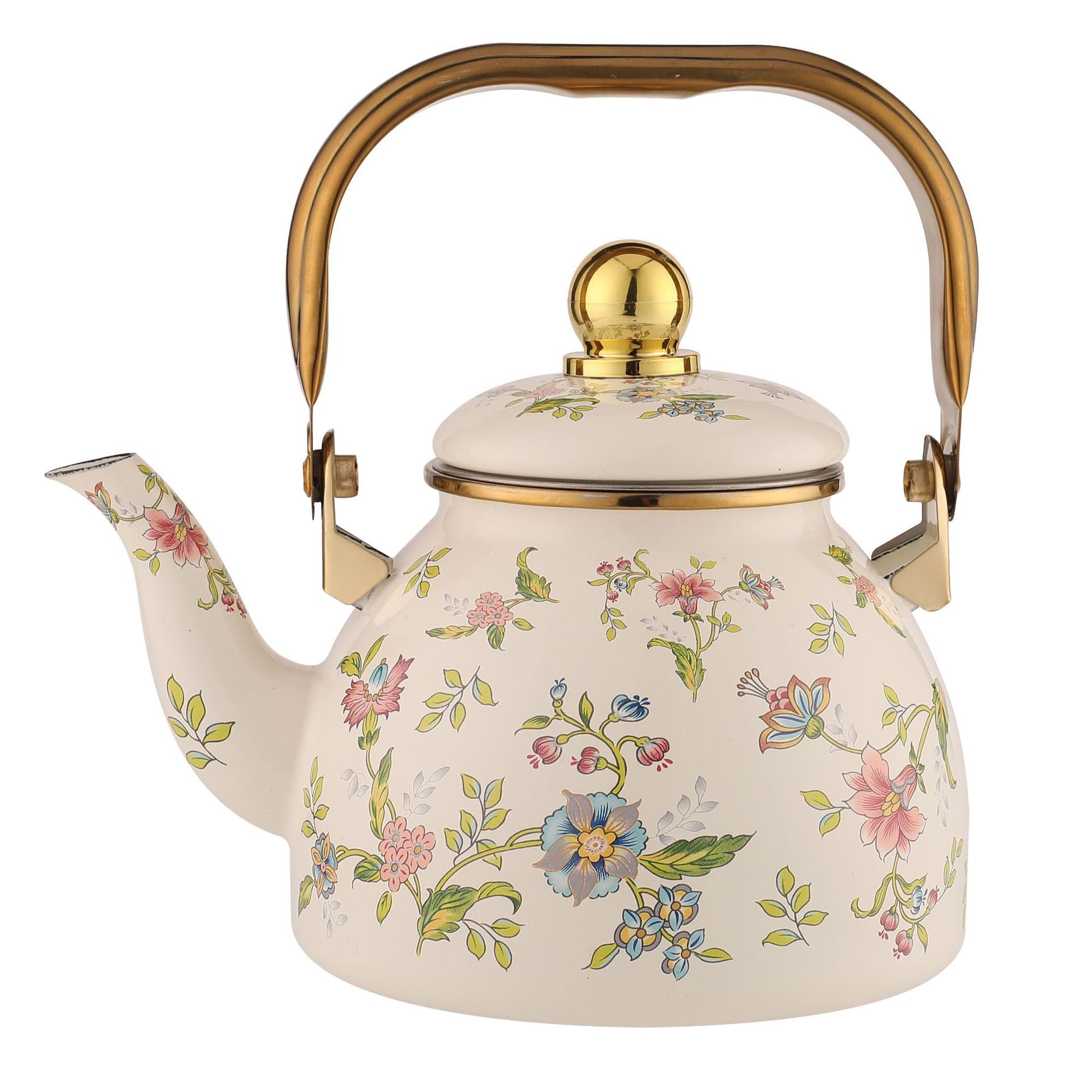 NobeOnbe 1.2L Vintage Floral Enamel Kettle, Enamel Tea Kettle With Infuser, Teapot With Golden Handle