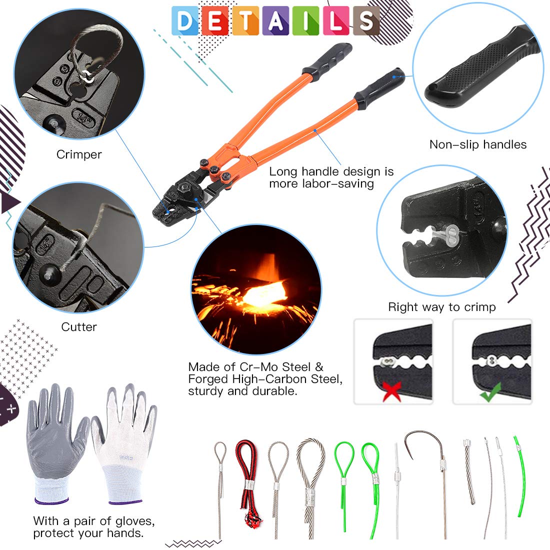 Glarks 132 pezzi 14" Long 1/16, 5/64, 3/32, 7/64, 1/8 inch Wire Rope Crimping Tool with Wire Rope Crimp Ferrules, Stainless Steel Cable Thimbles and Anti-Cutting Gloves