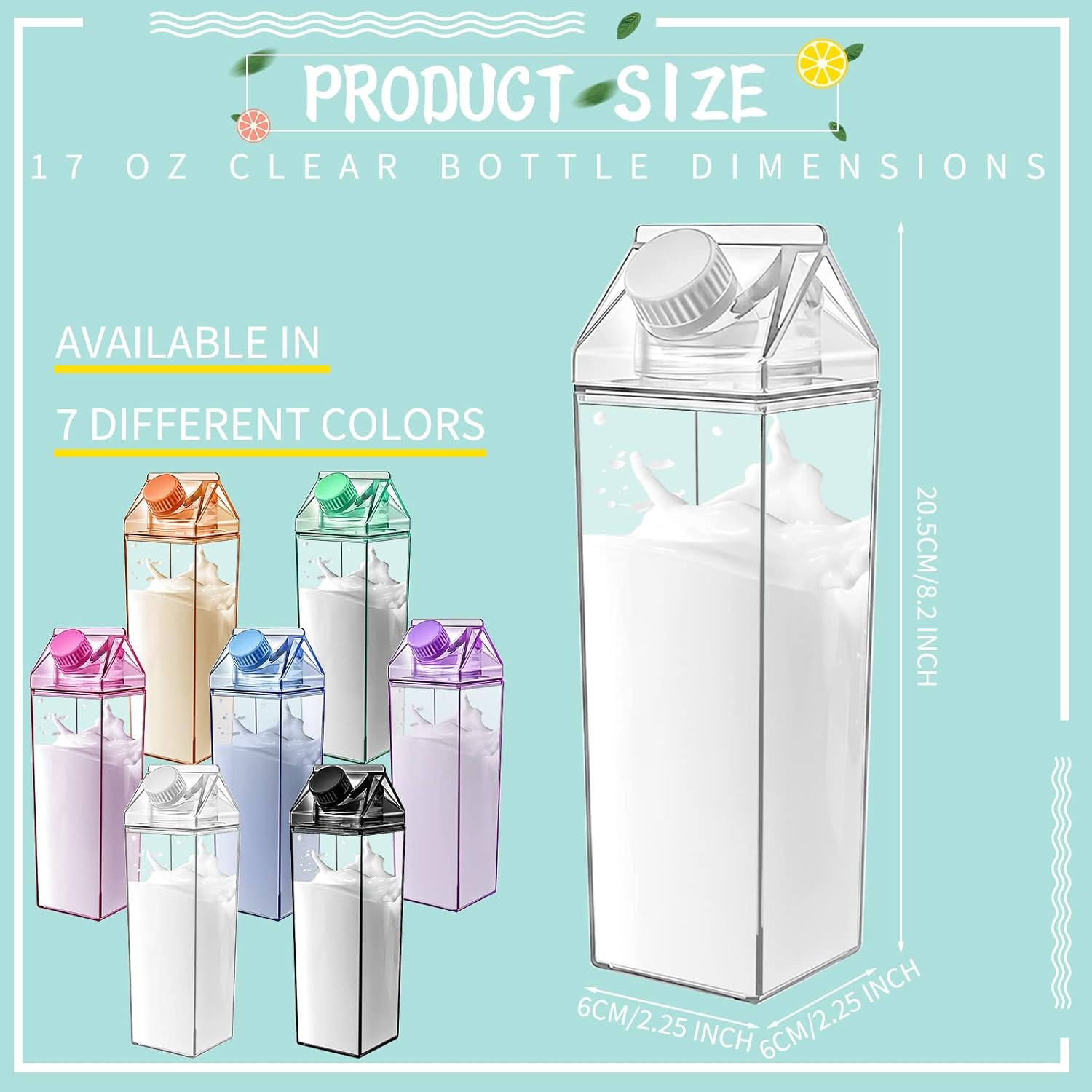 Foaincore 20 Pcs 17 oz Clear Milk Carton Water Bottles Bulk Plastic Square Milk Bottles Portable Reusable Leakproof Cup for Outdoor Fitness Gym Travel Camping Sports(Multi Color)