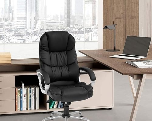 Vista 7 de FDW Silla de oficina para computadora, respaldo alto, ergonómica, ajustable, silla de escritorio giratoria de piel sintética ejecutiva con Negro
