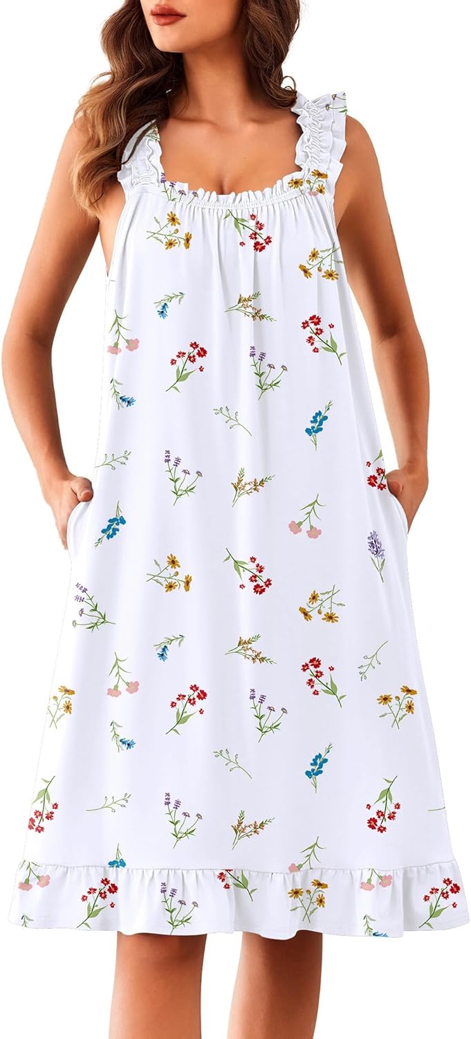 Ekouaer Nightgowns for Women with Pockets Sleeveless Ruffle Tank Night Gowns Floral House Dress Victorian Mumu Dress S-3XL