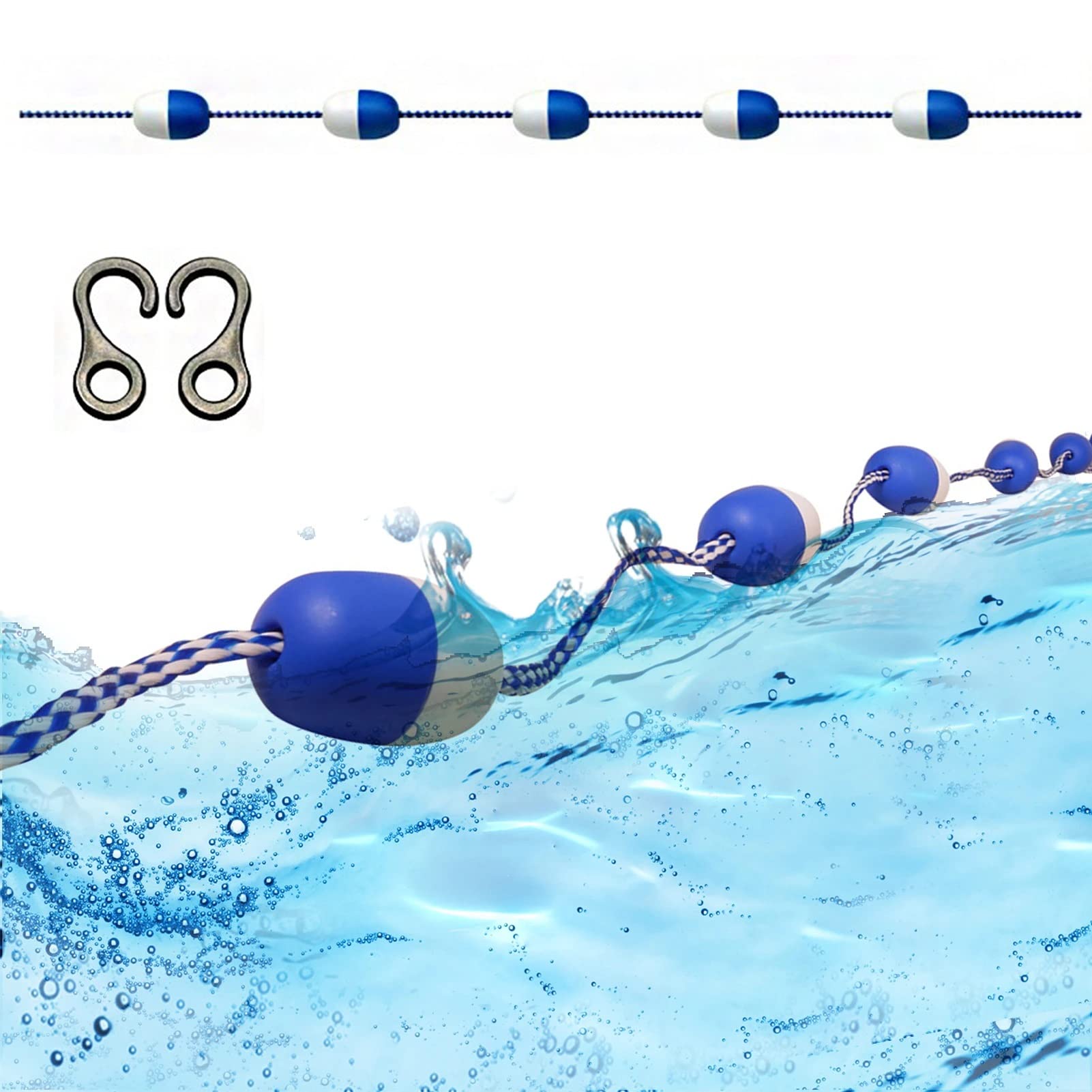 WOTZOV Floating Pool Ropes Kits For Swimming Pool, Eco-Friendly Buoy Lane Divider With Hooks, Portable Safety Marker Lines, Blue/White Combination，10m/33ft