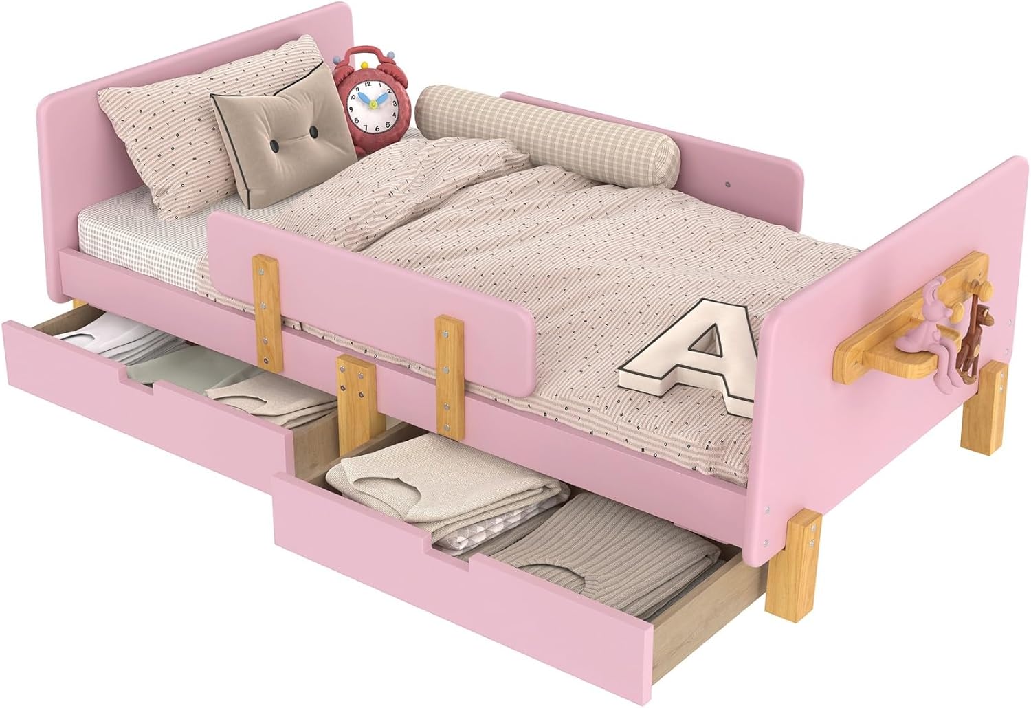 KEIKI Solid Wood Twin Size Bed Frames with Storage Drawers, Headboard, Footboard, Hooks, Guardrails, Pine Wood Twin Bed Captain Daybed Platform for Small Room, Bedroom, Guest Room, Kids' Room