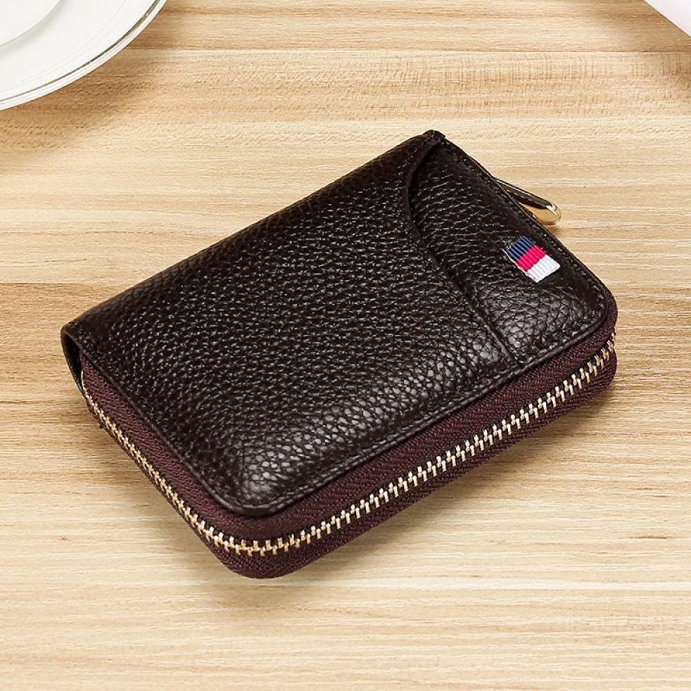 Zipper type mini card holder, multi-card position, first layer cowhide ID card holder, small hand bag-coffee wallet(Coffee color)