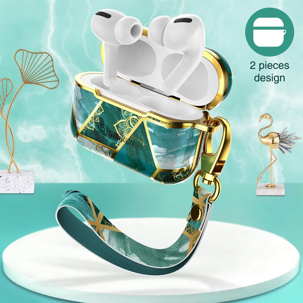 SURITCH Compatible with AirPods Pro Case, [Front LED Visible] Cute Marble Full Body Protection Slim Shockproof Rugged Protective Case Cover with Lanyard for AirPods Pro (Green Mandala)