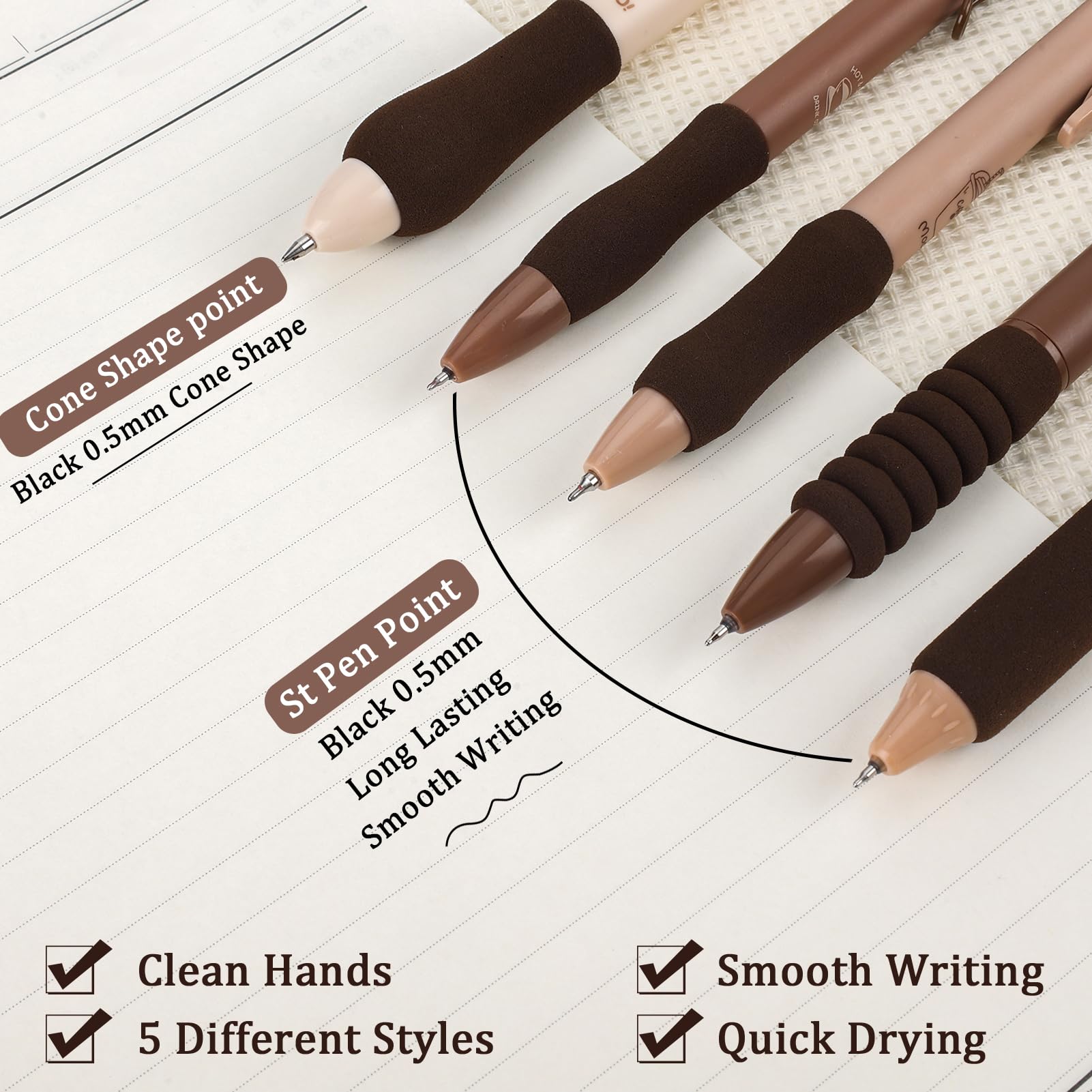 Set di 5 penne da caffè gel carino marrone penne a inchiostro nero penne a punta fine scrittura liscia penne neutre penne estetiche belle penne per donne journaling penne fantasia sfuso Kawaii scuola