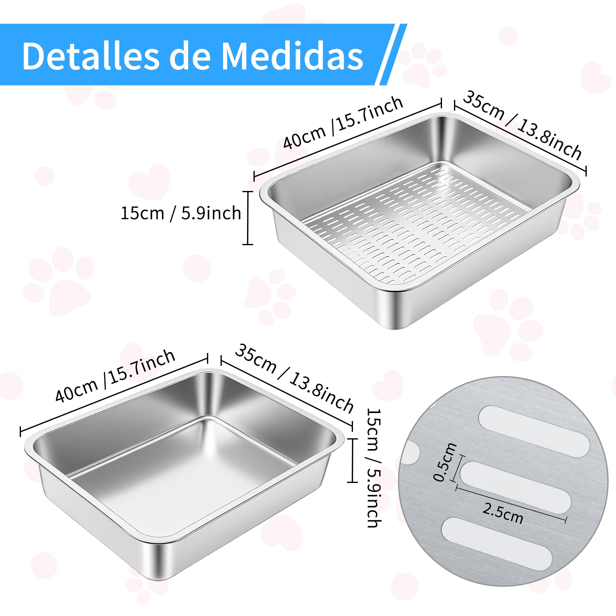 Arenero Gato Acero Inoxidable, ACaja de Arena para Gatos, Gatitos y Conejos, Arenero Alto para Gatos, Antiadherente, sin olores y fácil de Limpiar, 40x30x10cm