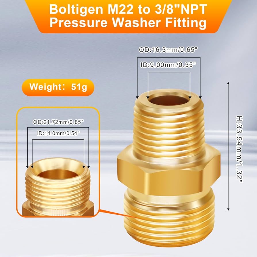 Pressure Washer Adapter Set,M22 Male Thread Fitting, 3/8" Quick Connect