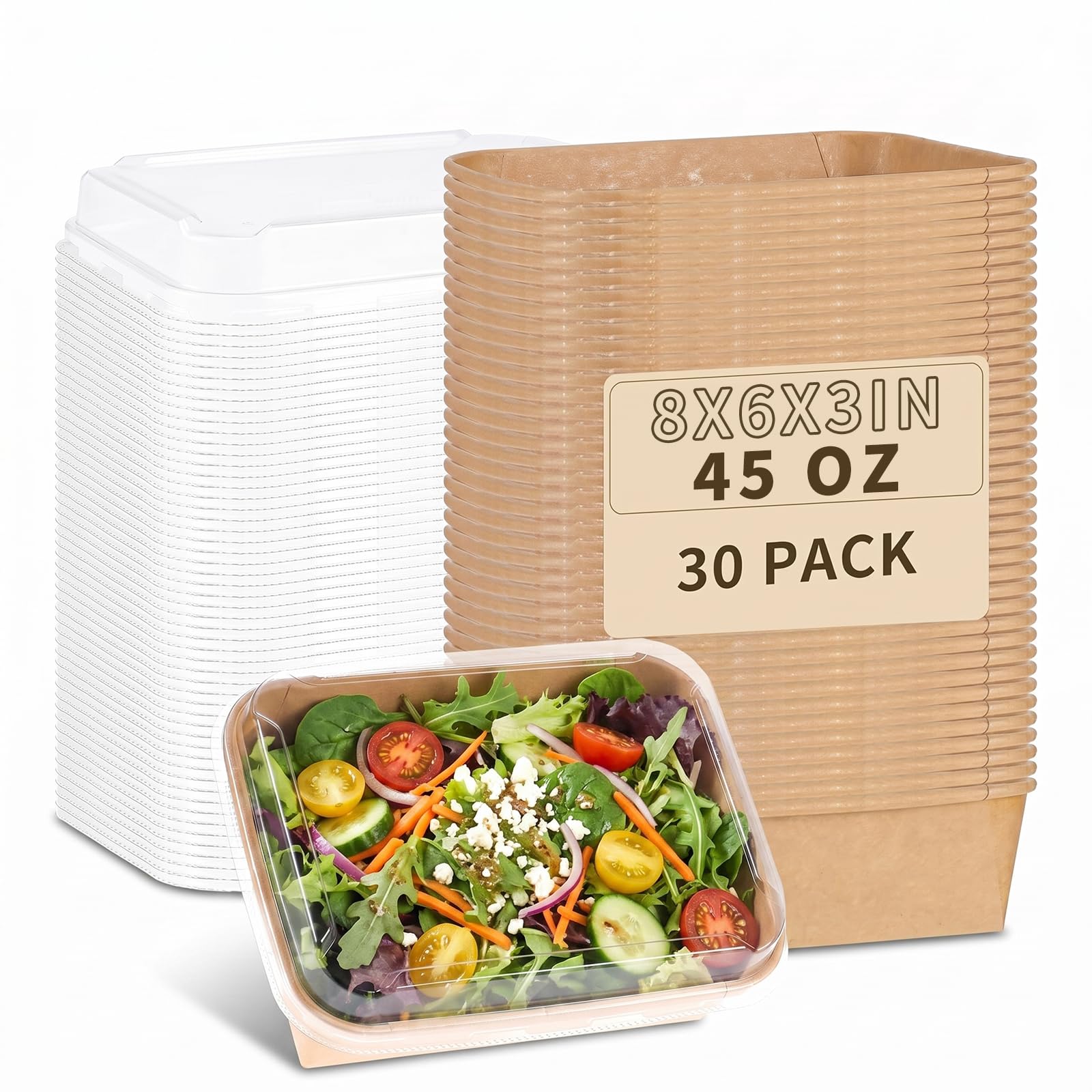 30 Pack Disposable Kraft Paper Food Trays With Clear Lids, 45oz | 8 x 6.5 x 3 inch Large Rectangle Take‑out Containers, Heavy‑duty Meal Storage Boxes for Food, Perfect for Next Day Lunch, Party