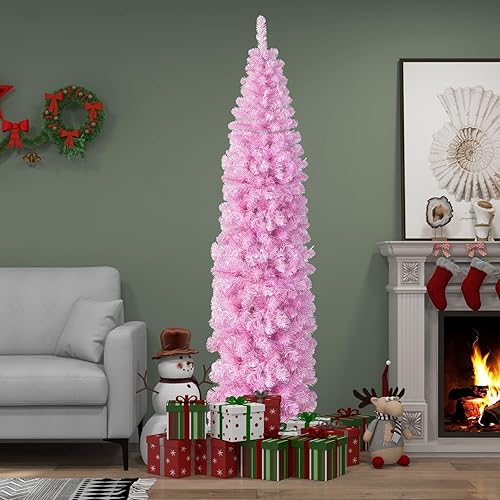 Miniatura 4 de HAPPYGRILL Árbol de Navidad artificial preiluminado de 7 pies, árbol de lápiz con bisagras con 670 puntas de rama, 350 luces LED de color blanco