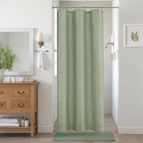 Miniatura 35 de KOUFALL Cortina de ducha verde para baño, juego de cortina de ducha de lino bohemio lavable e impermeable con ganchos, 72 x 72 pulgadas de largo