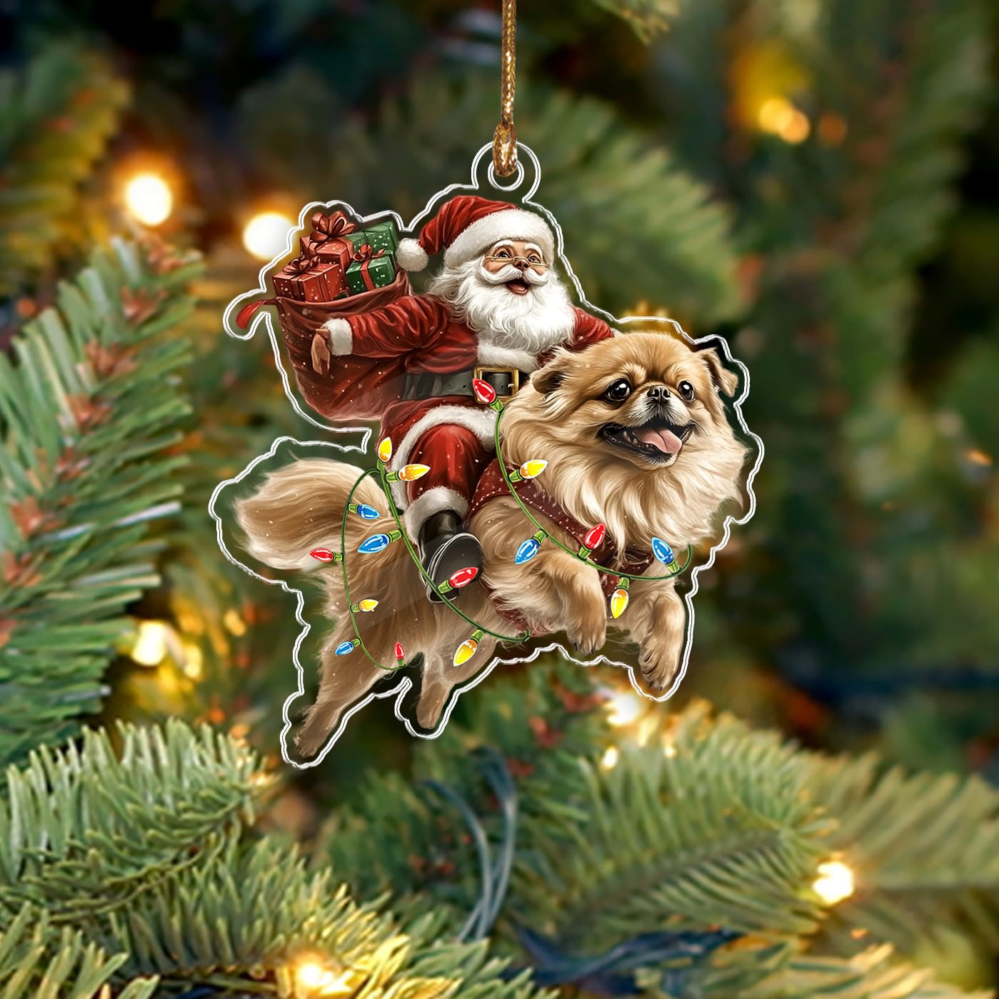 BEETHIS Funny Pekingese Santa Christmas Ornament 2025 – 2D Flat Acrylic Santa and Dog Car Hanging Ornament Decoration – Hilarious for Dog Lovers – Unique Pekingese Xmas Decor 3.5''