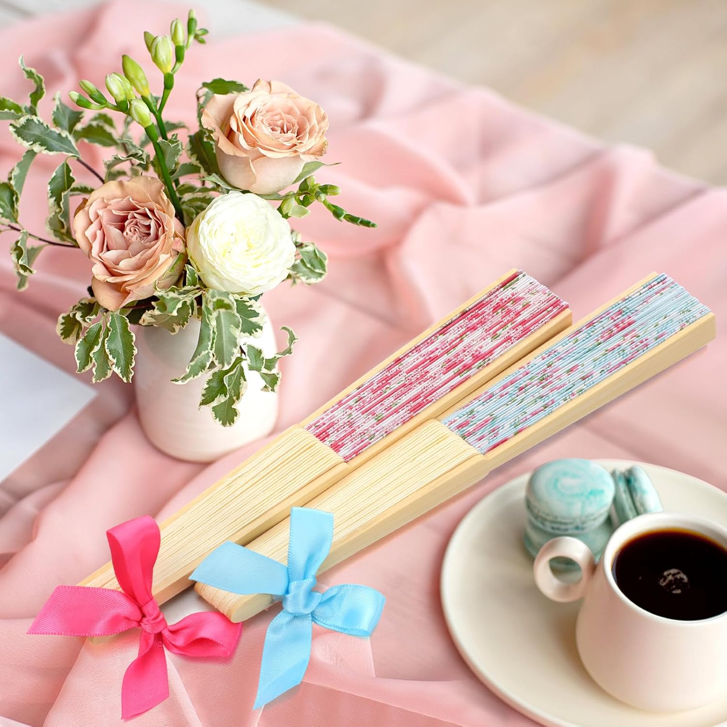 Roowest 36 Pcs Tea Party Favor Floral Hand Fans with Bamboo Handles - Retro Pattern Paper Handheld Folding Fans Bulk for Women Line Dancing Wedding Party