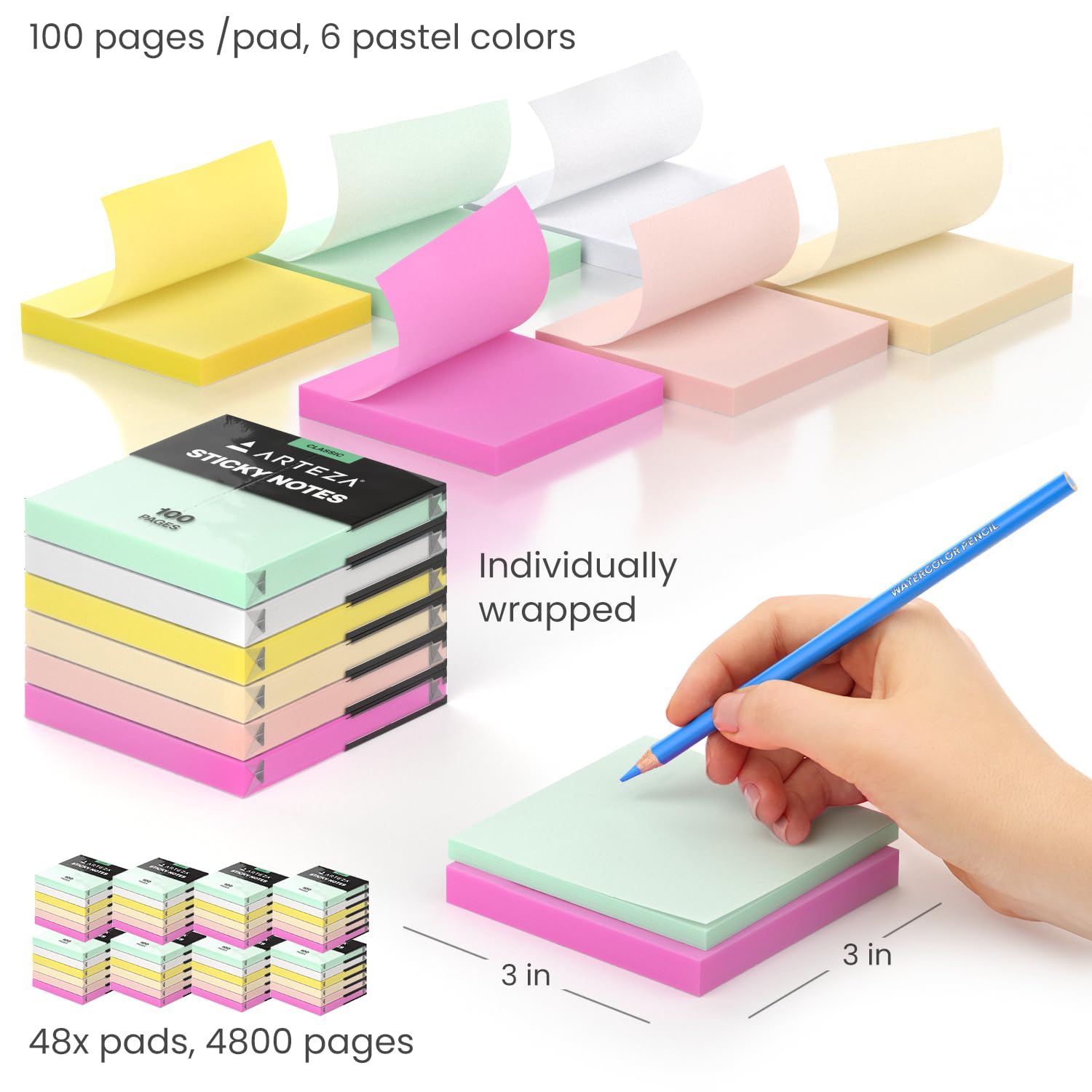 ARTEZA Notas adhesivas de 3 x 3 pulgadas, 48 blocs adhesivos (100 páginas por bloc), blocs de notas adhesivas a granel, notas adhesivas autoadhesivas multicolores, suministros escolares y de oficina,