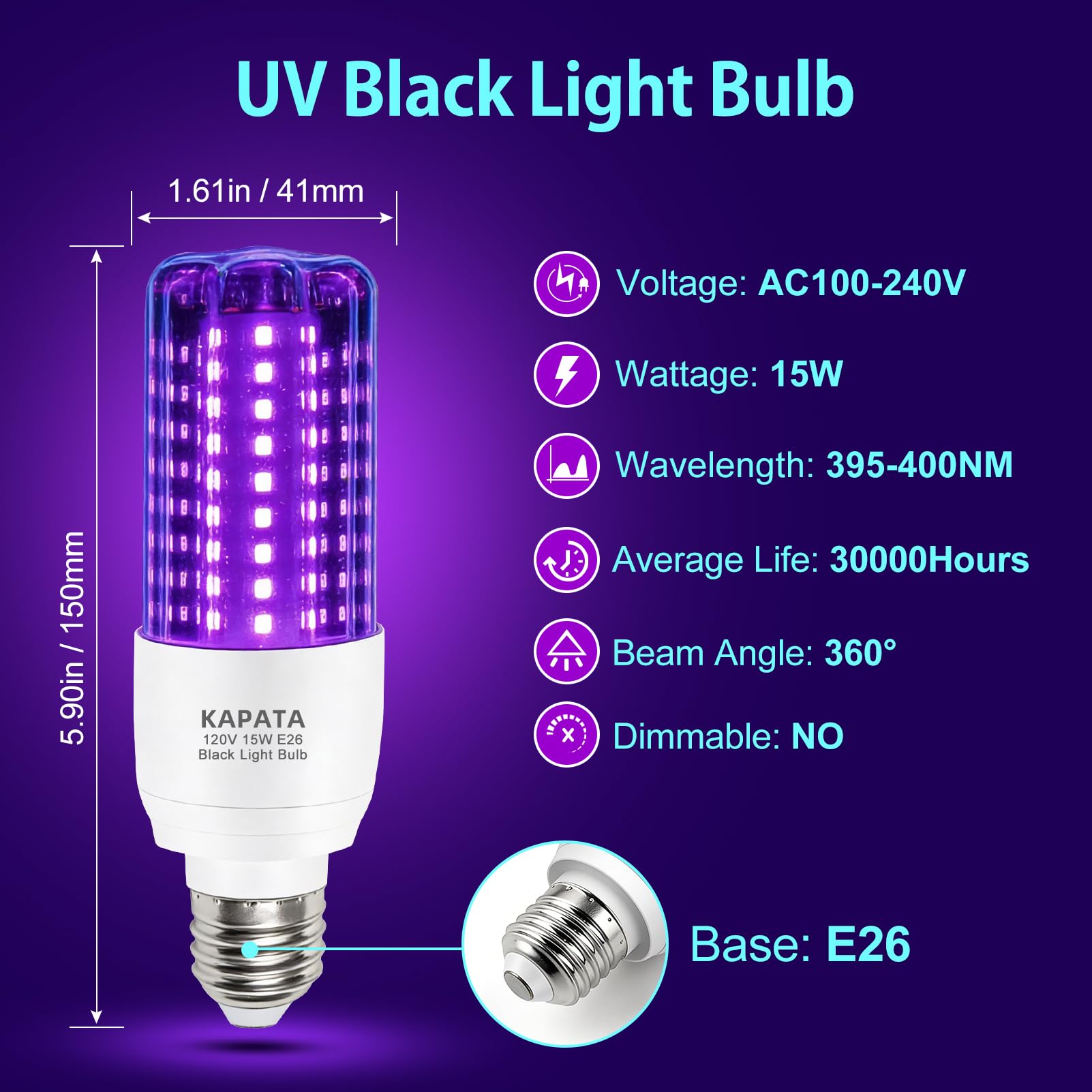Kapata 15W LED UV Black Light Bulb Energy Saving UV Black Lights