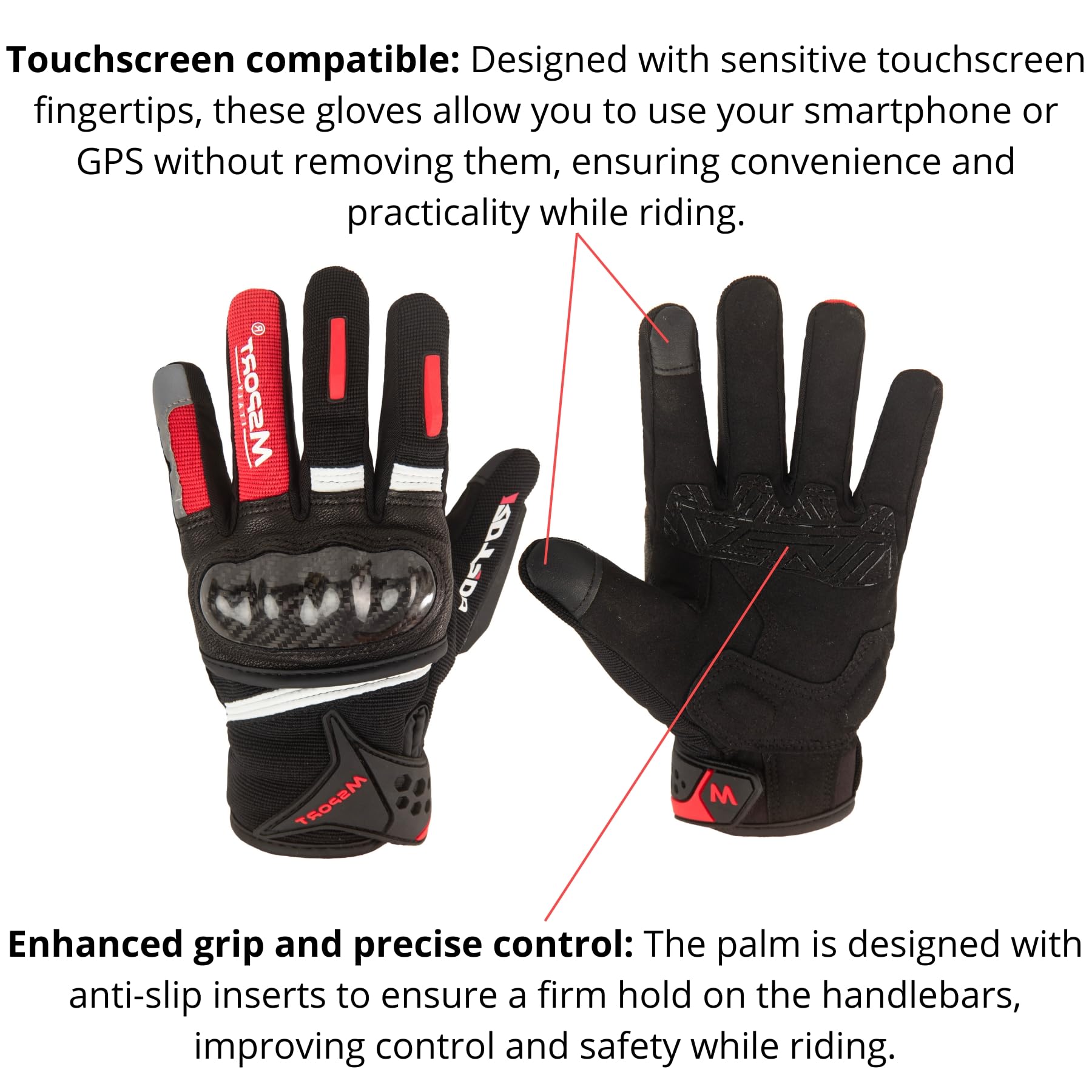 Msport Guanti Moto Motocross con Protezioni in Carbonio – Antiscivolo, Traspiranti e Touch Screen, Ideali per Motociclismo, Enduro e Scooter