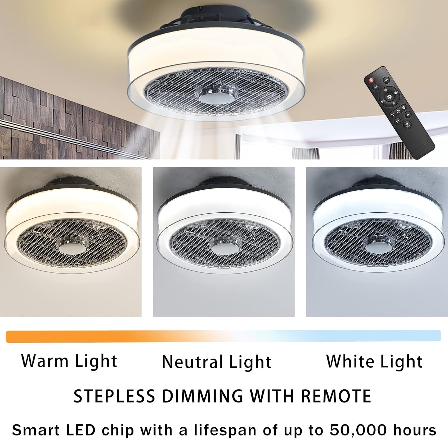 IYUNXI Ceiling Fan with Lights - Flush Mount 16 Inch Remote Control LED Dimmable 3 Color Temperature 7 Bladeless Enclosed Ceiling Fans 72W Low Profile Fan light 3 Speed Smart Timing Bedroom
