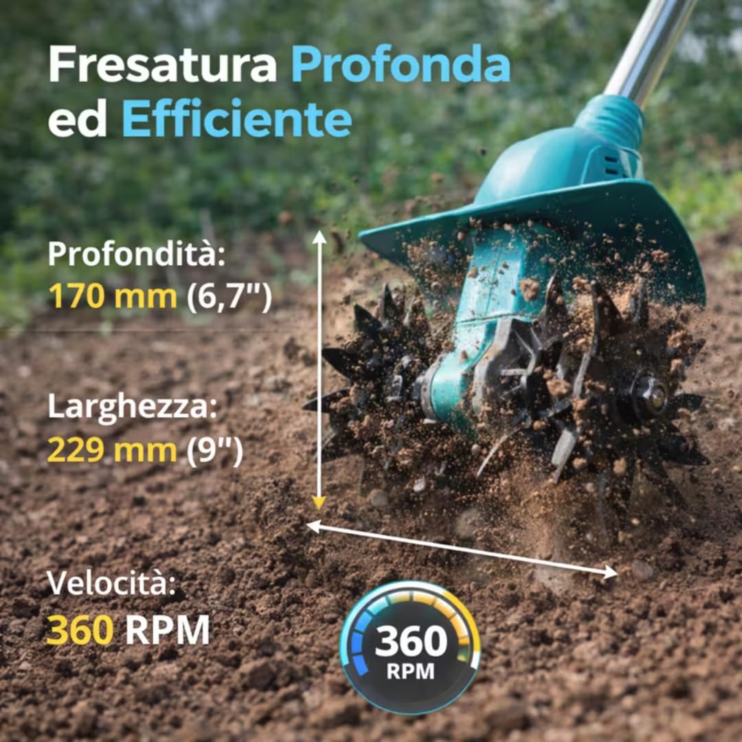 Motozappa Elettrica a Batteria 48V, Zappetta da Giardino Portatile con Asta Regolabile in Acciaio Inox, Attrezzo per Lavorazione e Frantumazione Terreno, 2 Batterie Incluse + Caricatore.