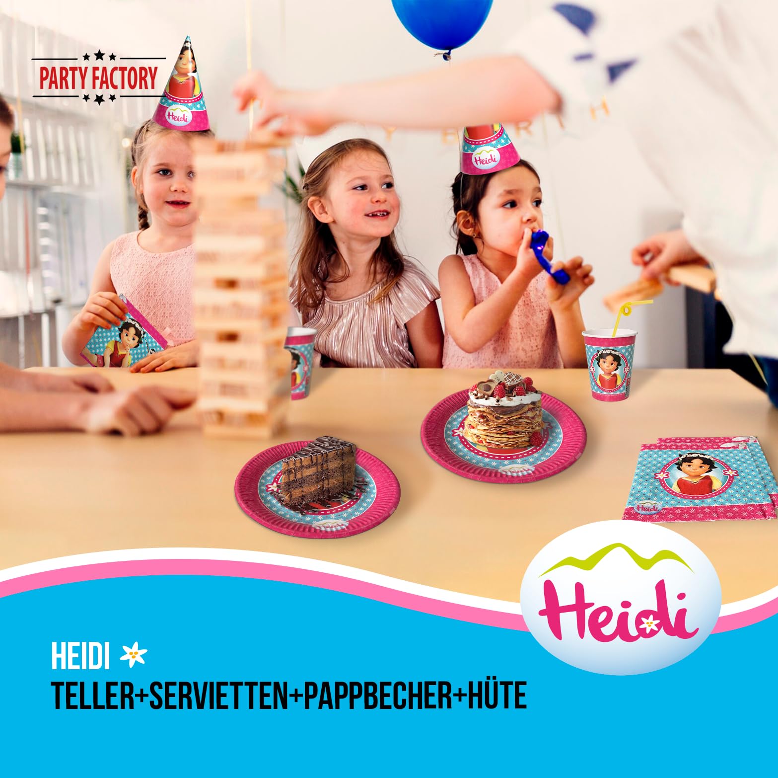Heidi – Zeichentrick Geburtstagsdeko Komplettset für Kinder - 63 tlg. Tischdeko Pappgeschirr mit Wimpelkette für Kindergeburtstag & Mottopartys - Party Deko Bundle mit Tellern, Servietten etc.