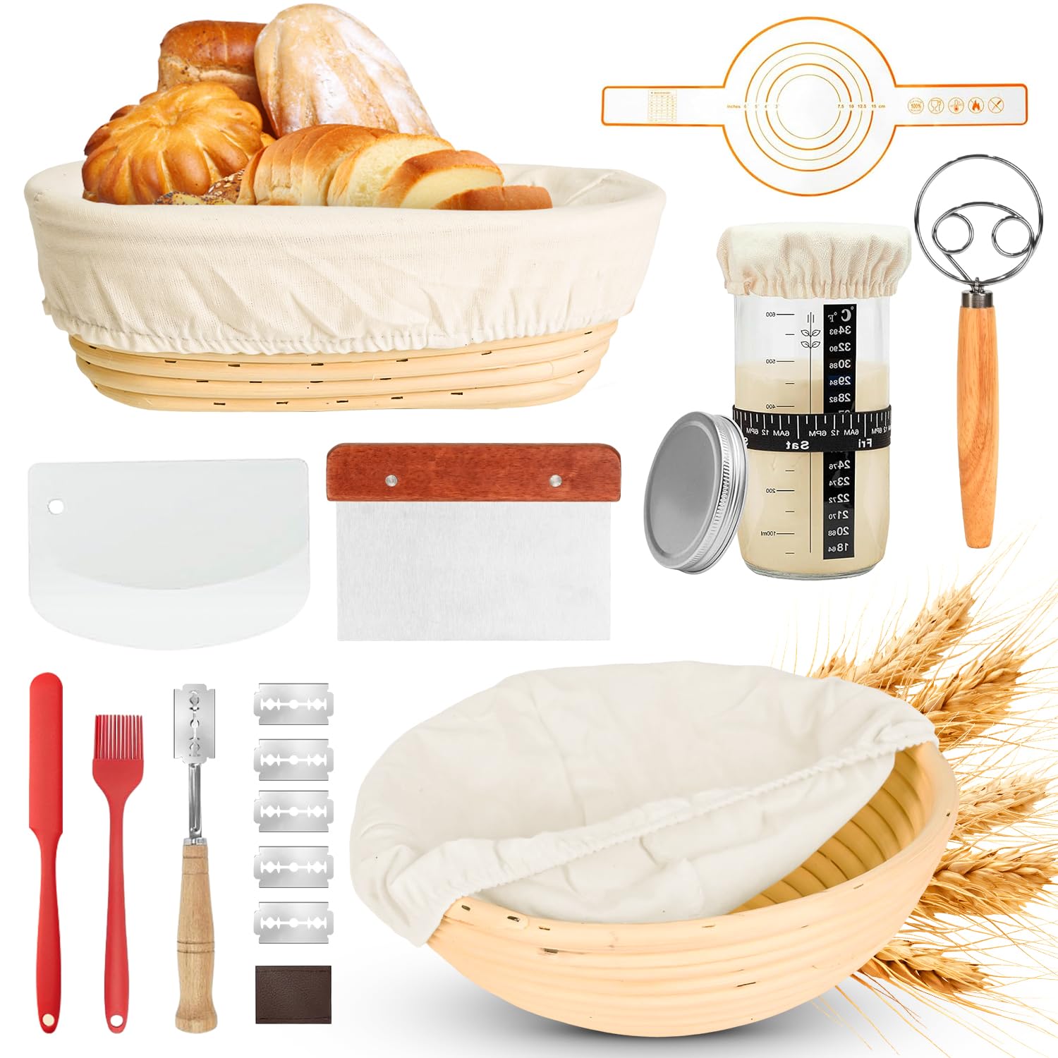 12 Stück Sauerteig Starter Set, 23,5cm & 25,4cm Gärkorb Brot Backen Mit Broschüre, Sauerteig Starterglas, Brotlahme, Teigschaber, Teigrührer & Brot Lahm, Sourdough Starter Kit für Einsteiger