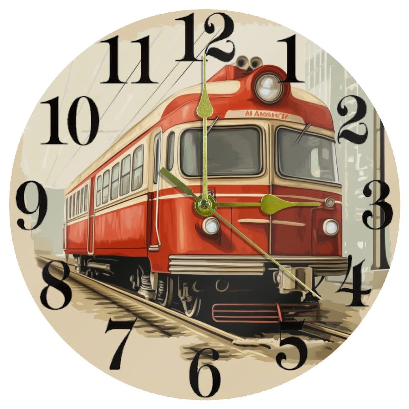Horloge murale vintage train rouge en quartz silencieux de forme ronde