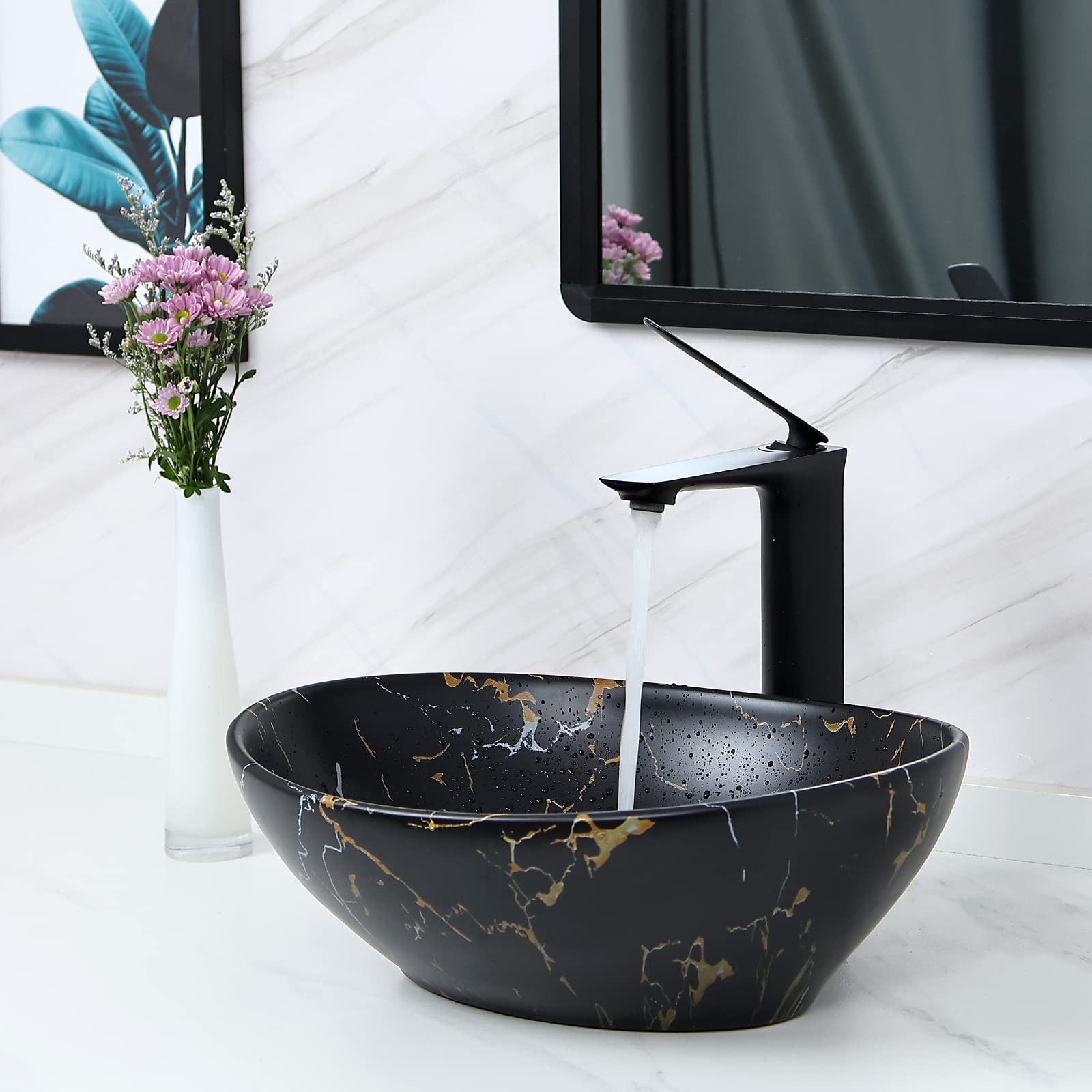 Fregadero ovalado negro mate de 16 x 13.2 pulgadas con drenaje desplegable, fregaderos de baño, lavabos de baño sobre encimera, fregadero de cerámica para encimera, fregadero, cuencos negros 6