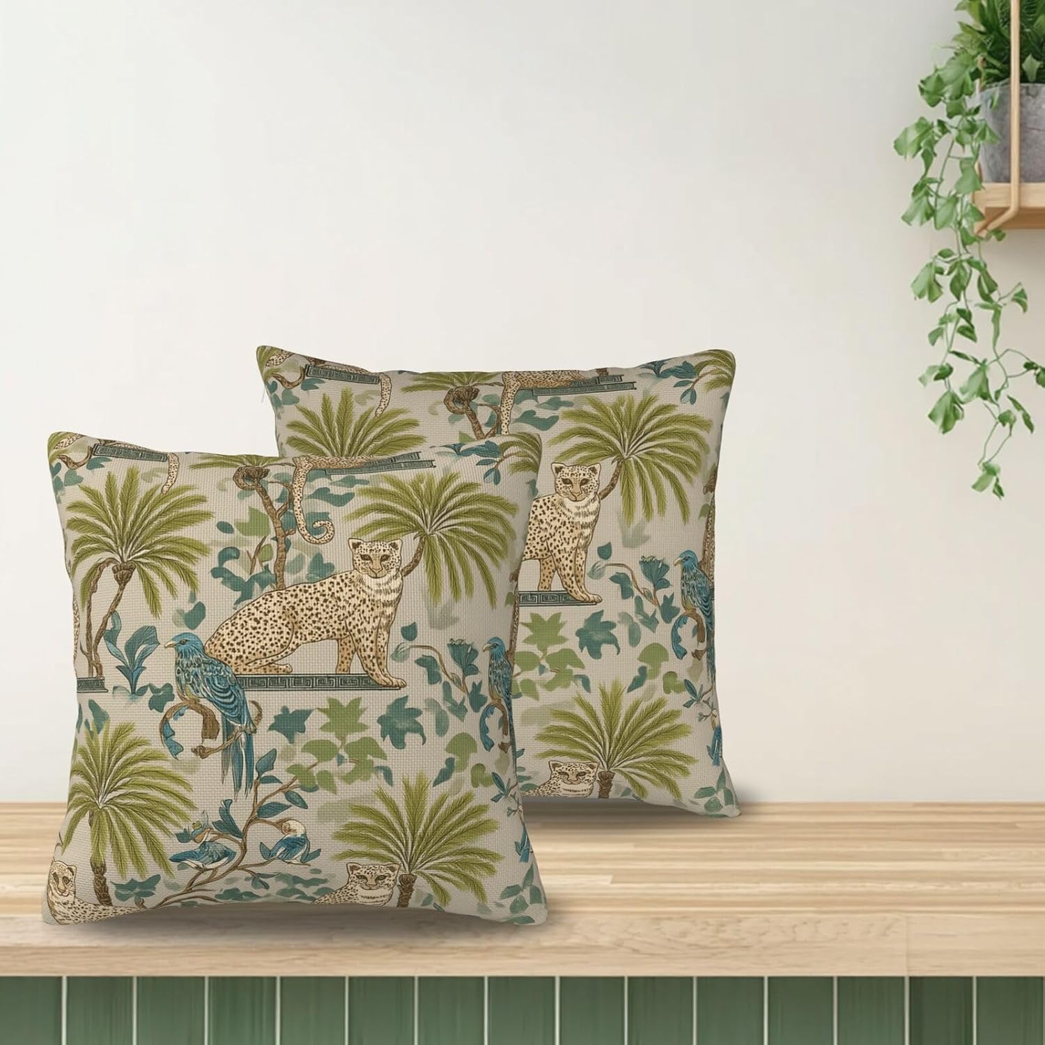 KiuLoam Blue Green Chinoiserie Leopard Print Palm Tree Bird Pillow Covers 24x24 Inch Set of 2 Rustic Decorative Throw Pillows Outdoor Neutral Farmhouse Cushion Cases for Sofa Couch Bed Decor
