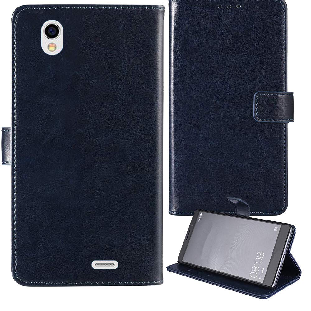 LankashiStand Premium Retro Business Flip Leather Case Protector Bumper For STK Sync 5E / Monqi Kids 5" Protection Phone Cover Skin Folio Book Card Slot Wallet Magnetic（Dark Blue）