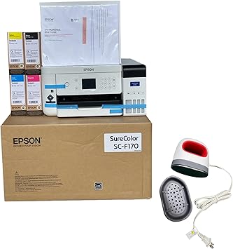 Epson F170 Cartridge-Free eco Supertank Sublimation Color Printer Starter Bundle. Free Mini Iron Heat Press Machine, 8.5"x 11" 10 Sheets Free Sublimation Paper and 1 Heat Resistant Tape.