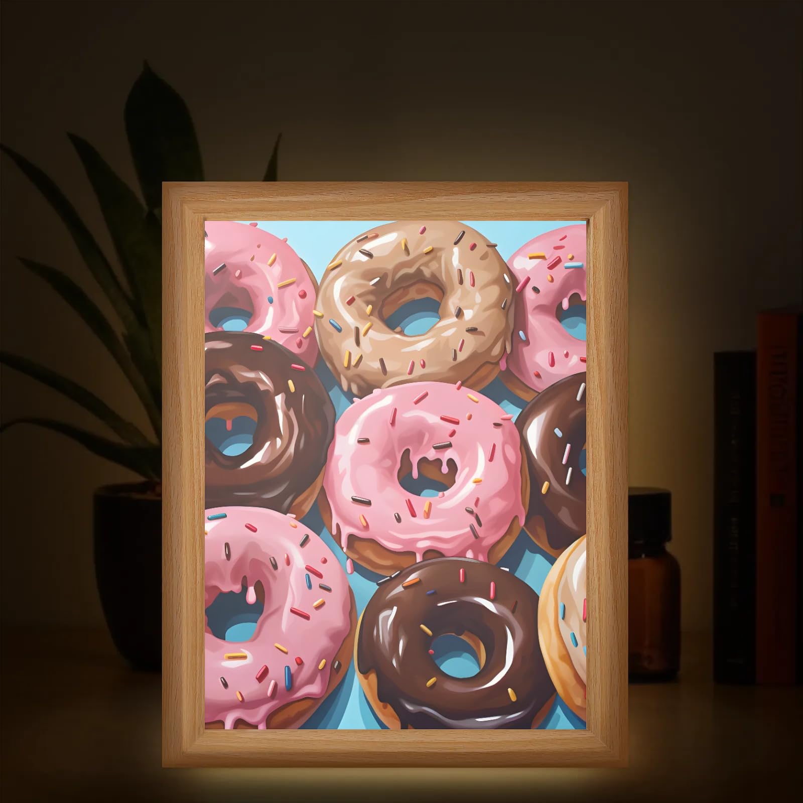 Light Up Painting, Chocolate Donut Wall Art Picture Light Watercolor Donut Light Up Art Frame, 10 Brightness USB Powered 3 Lighting Modes, Anxiety Relief Gift for Bedroom Home-Without Acrylic Panel