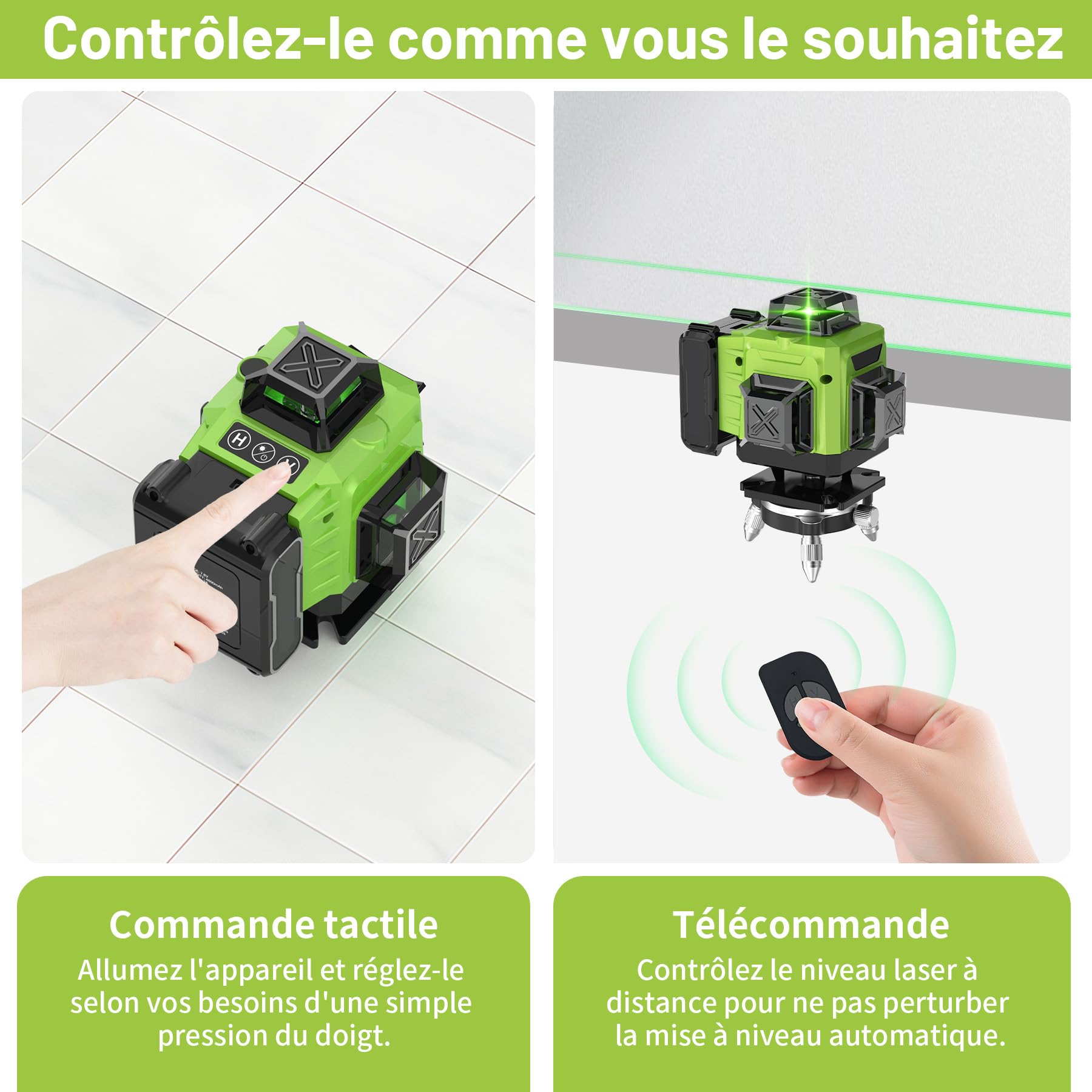 Niveau Laser Chantier Autonivelant 4 x 360°, 4D 16 Lazer Niveaux avec Trepied, Batterie Rechargeable, avec Support Mural, pour Décoration Intérieure, IP54 Étanche et Anti-Poussière