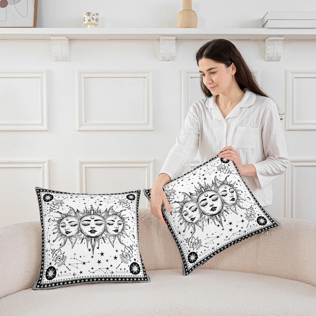 Erosebridal Bohemian Sun Moon Cushion Covers Boho Hippie Set of 2 Throw Pillow Covers 24x24 Inch Black White Pillow Covers Aesthetic Galaxy Psychedelic Mystic Stars Decorative Pillow Covers