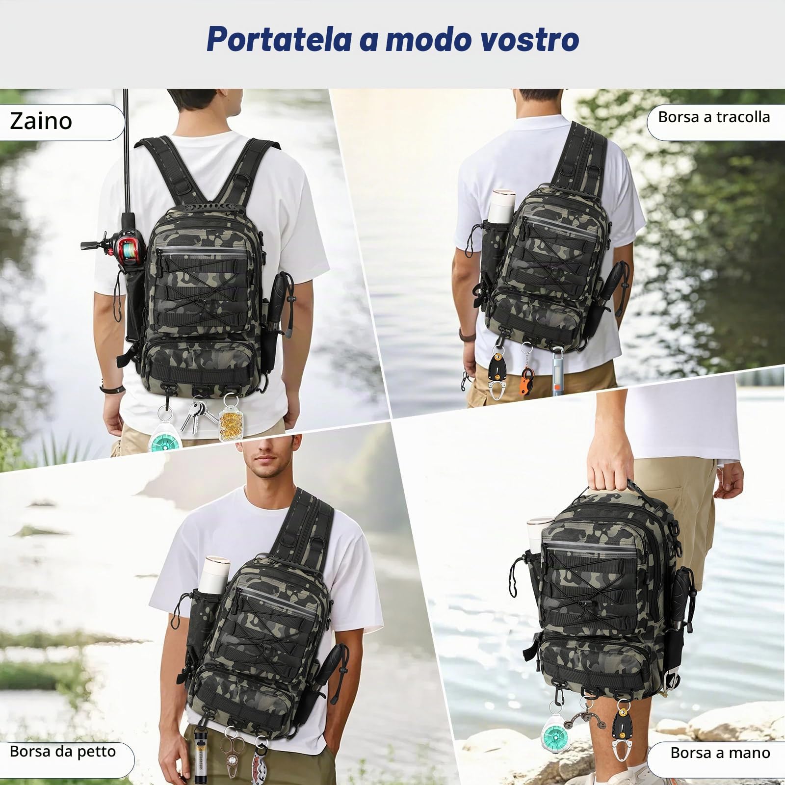 MoKo Zaino da pesca impermeabile con portacanne, verde mimetico | Borsa da pesca in nylon con 3 tasche, supporto per 2 canne e spallacci regolabili per campeggio ed escursionismo.