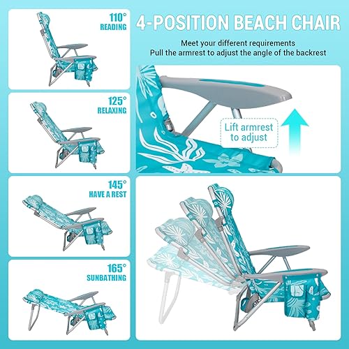 Miniatura 4 de #WEJOY Silla de playa para adultos, posición ajustable reclinable, plana, ligera, plegable, portátil, de aluminio, con correas para mochila,