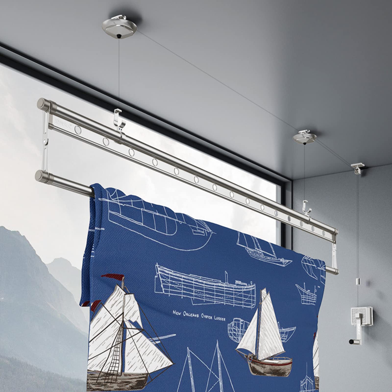 Stendibiancheria da soffitto in lega di alluminio – asta portabiancheria pieghevole da 150 cm, sistema di pulegge per balcone interno, salvaspazio, leggero, design portatile, finitura argento