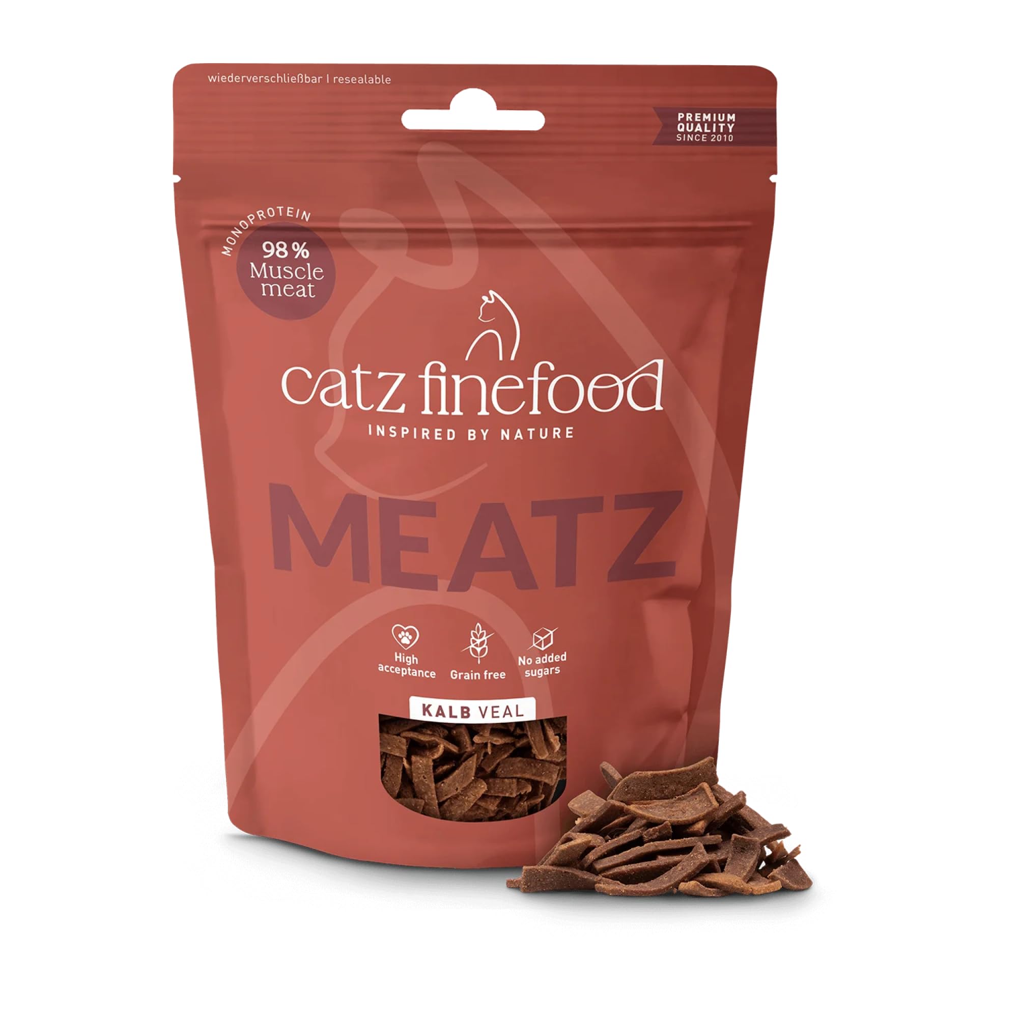 catz finefood Meatz Przysmaki dla kotów cielęcina, nr 5 - chrupiące paski z cielęciny - grillowane i suszone - przekąska dla kota bez cukru, bez zbóż (4 x 45 g)