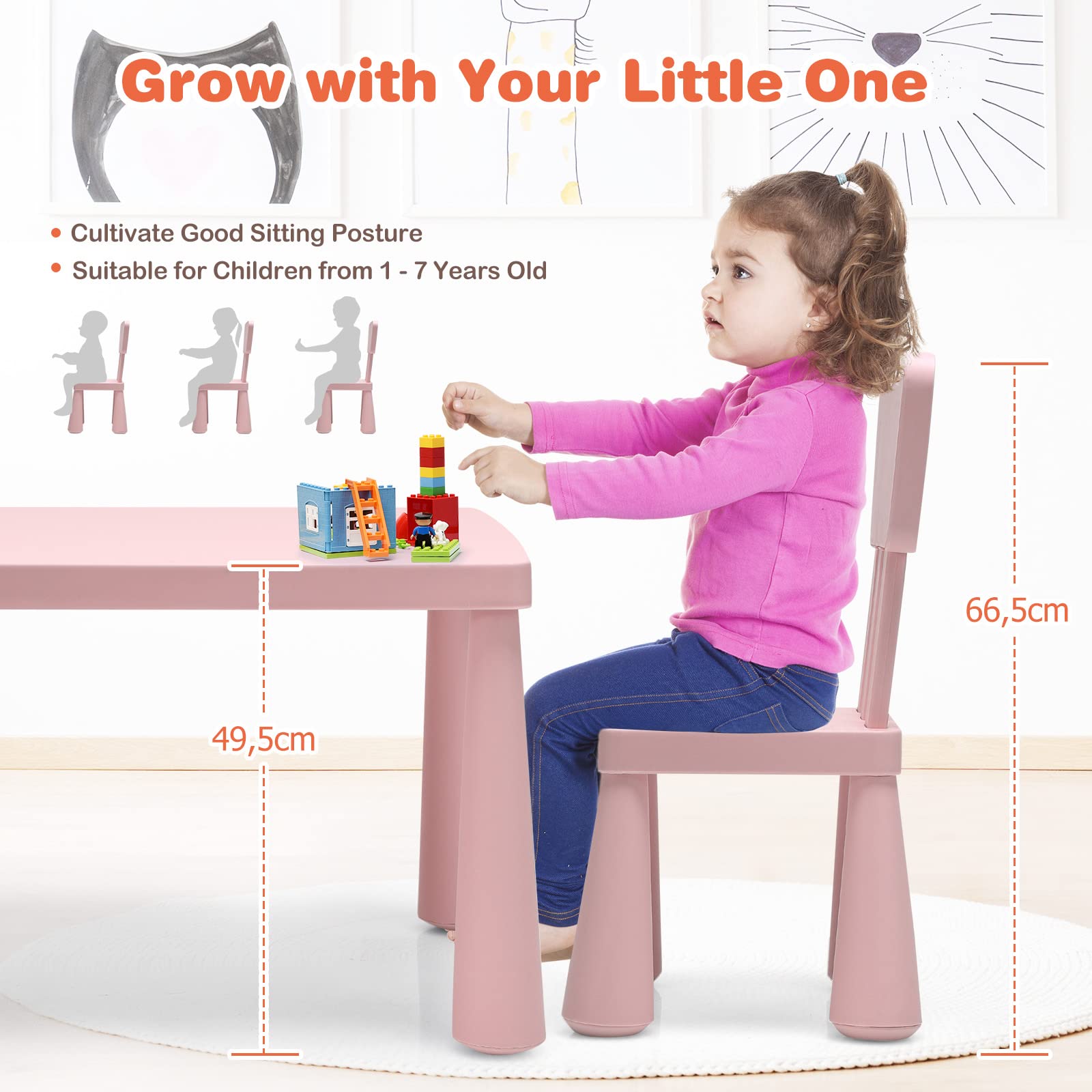 LIFEZEAL Kindertisch mit 2 Stühlen, Niedliche Kindersitzgruppe aus Kunststoff, Kindermöbel mit Rückenlehne & Runden Kanten, Kindertisch und Stuhl Set für Mädchen & Jungen (Rosa)