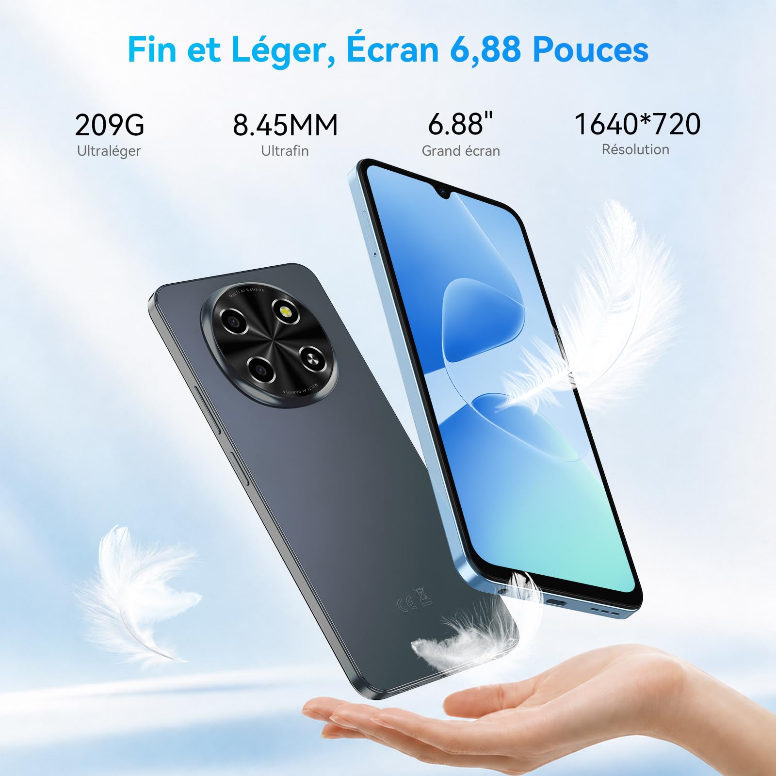 Smartphone 5G 6,88'' 120Hz, 24Go RAM 128Go/2To TF, Téléphone Portable Android 15, Double SIM NFC, Unisoc T8100 Octa-Core, Batterie 5000mAh 18W, Telephone Portable Pas Cher, OTG/Face ID/Fingerprint