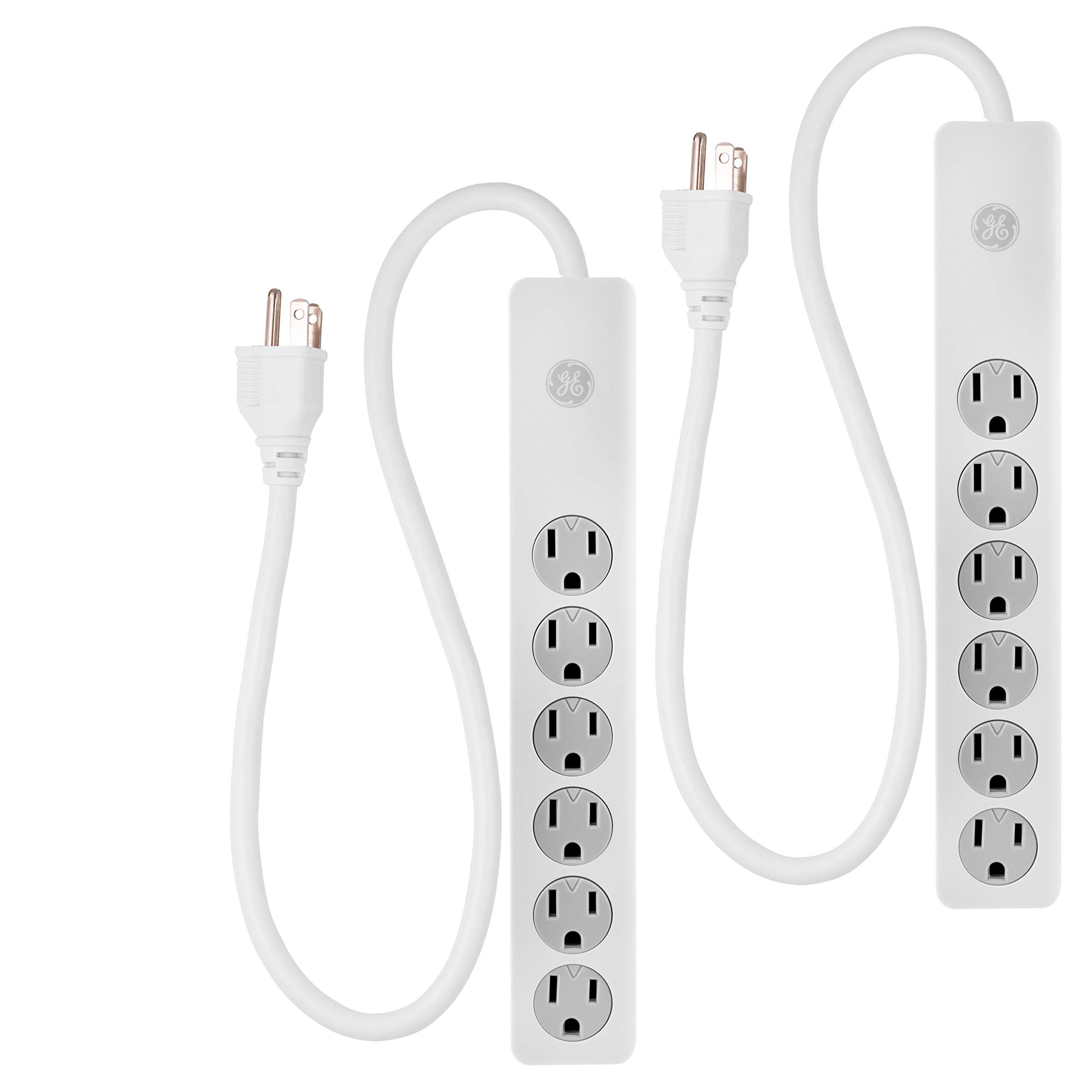 GE 6-Outlet Surge Protector, 2 Pack, 2 Ft Extension Cord, Power Strip, 450 Joules, Heavy Duty Plug, Twist-to-Close Safety Covers, UL Listed, White, 54625