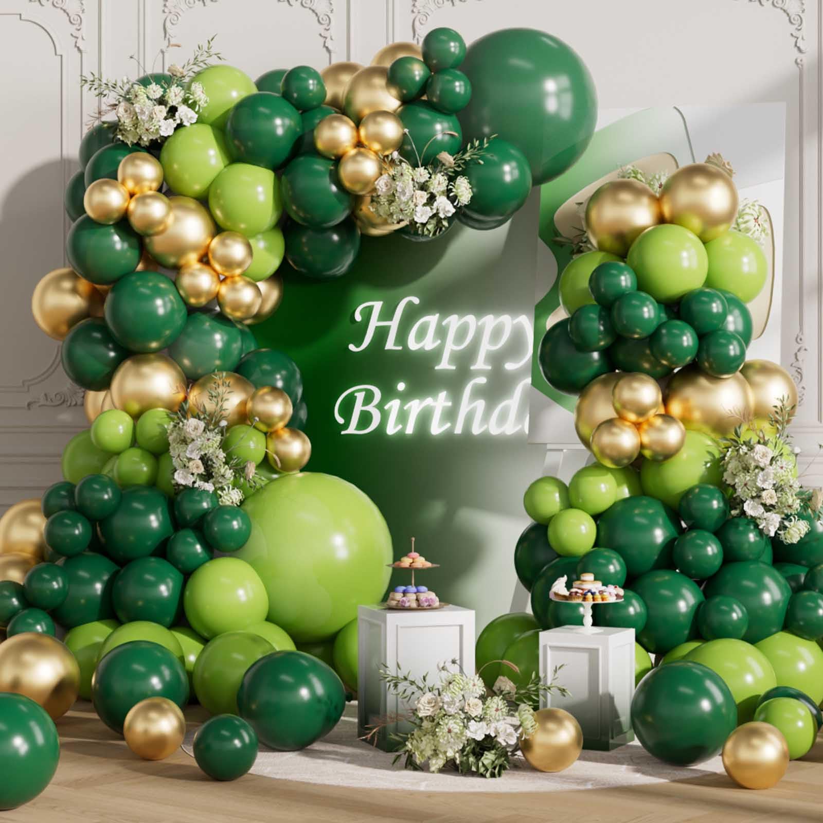 SULALABOO Green Balloon Arch Kit, 155Pcs Garland Latex Balloons 18 10 5 Inch Metallic Gold for Birthday Anniversary Wedding Graduation Party Decoration
