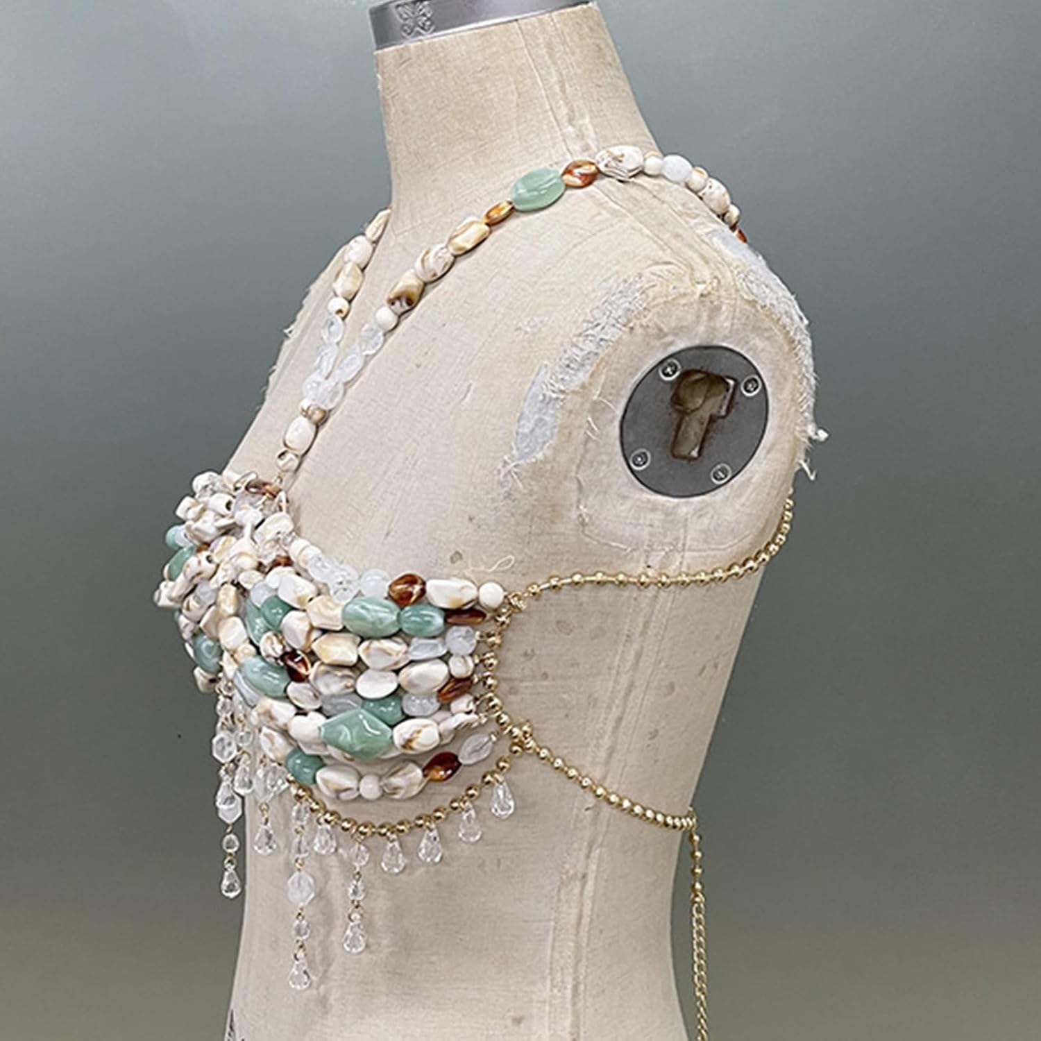 Irregular Beaded Crystal Tassels Halterneck Bra Chain Crop Top Hollowed Body Jewelry Chest Chain for Festival Beaded Vest