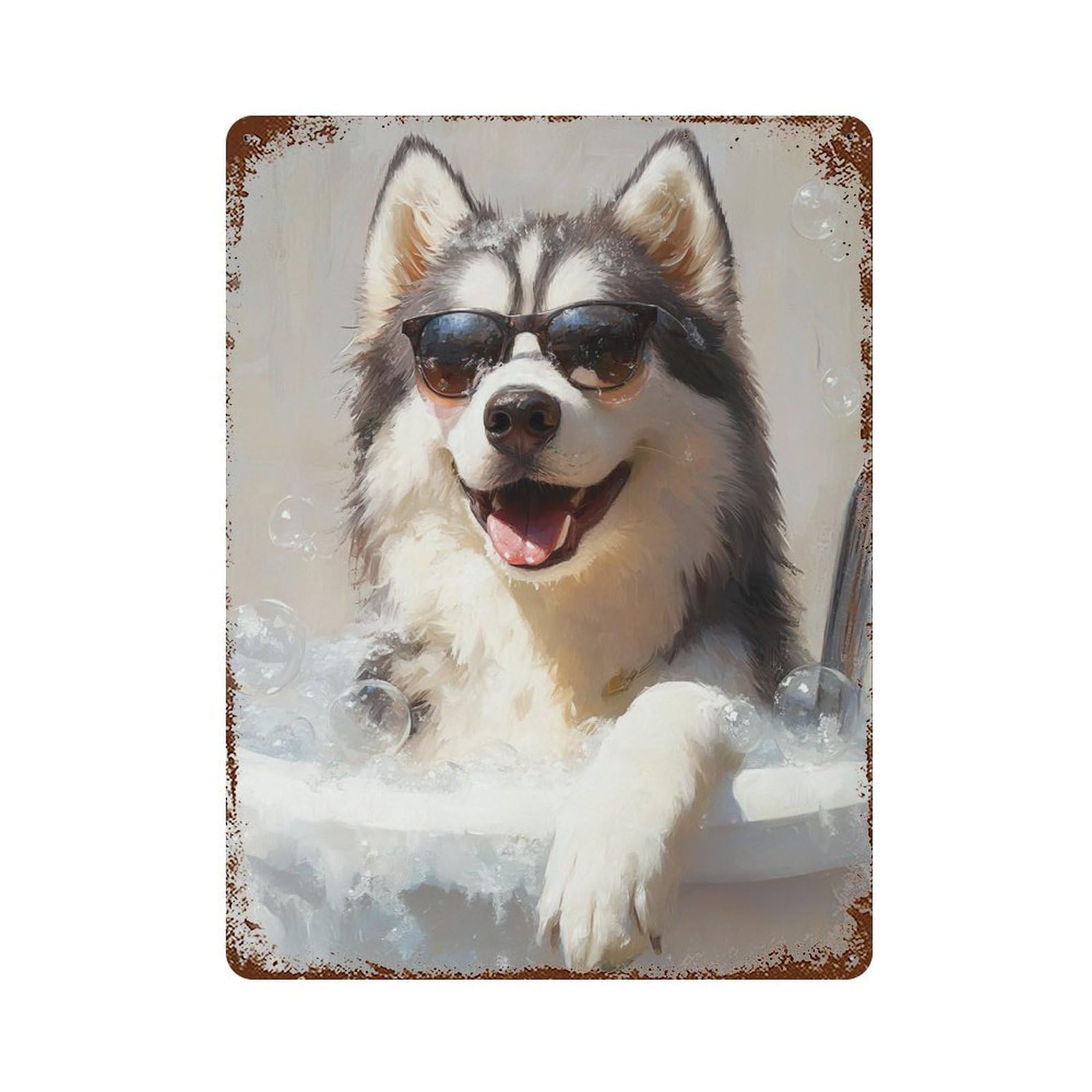 Rust Effect Siberian Husky Bath Time Rusty Metal Tin Sign 15.7"x11.8", Shabby Chic Decor for Garage, Bar And Workshop Decor