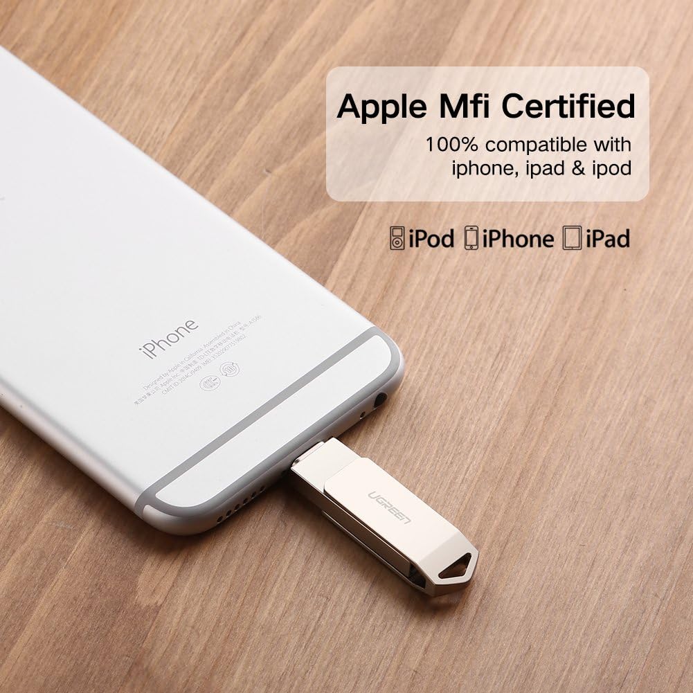 Close-up of the UGREEN Flash Drive connected to an iPhone, with 'Apple MFi Certified' logo.