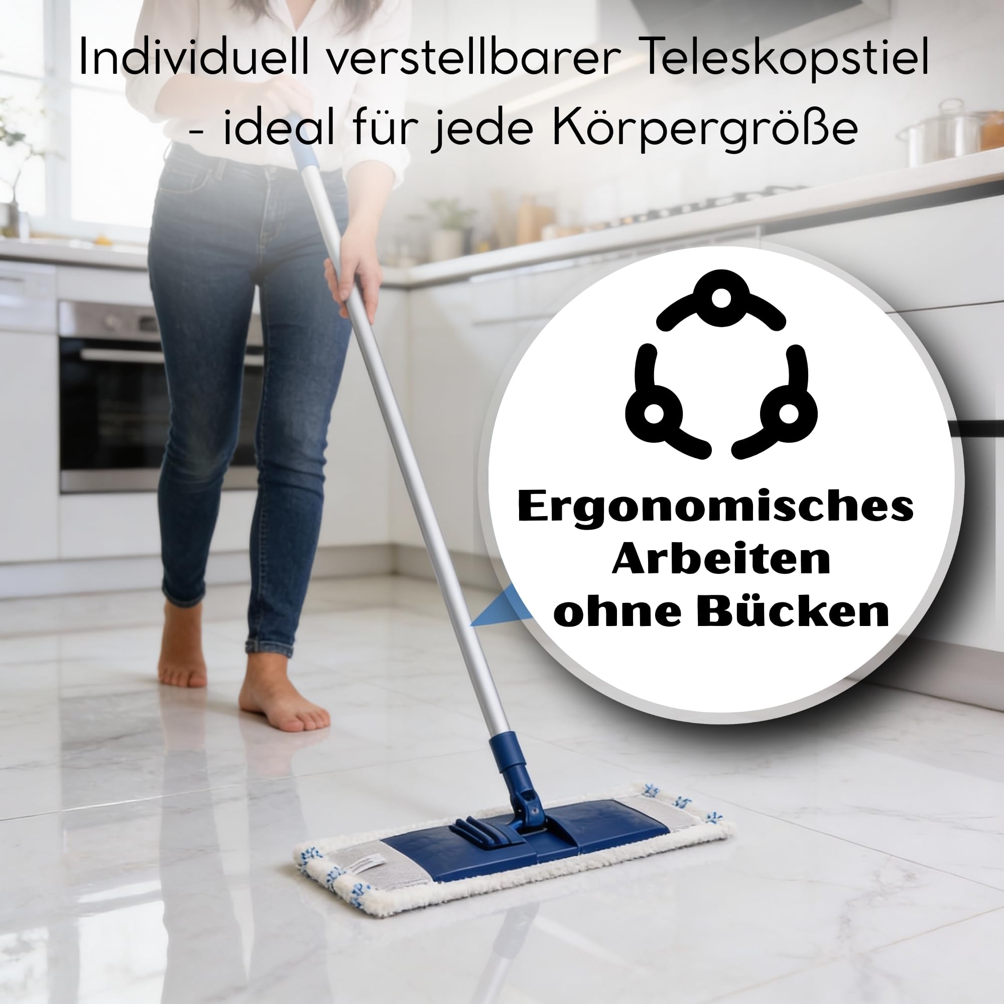 Novaliv System mopa do podłóg z drążkiem | 3-częściowy biały | 46 x 13 cm i 140 cm długości | oszczędność miejsca | mop do czyszczenia podłóg z laminatu, podłóg z twardego drewna